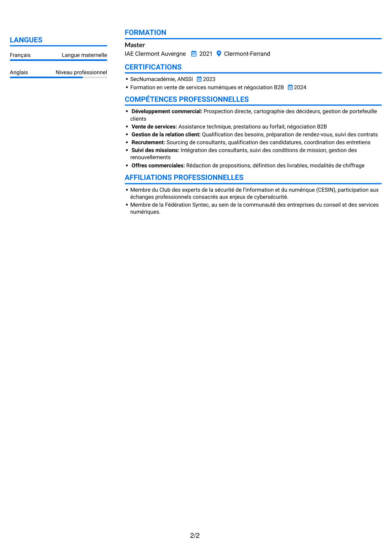 CV Audacieux (format à deux colonnes avec accents colorés et photo) : Business Manager - Cybersécurité, page 2