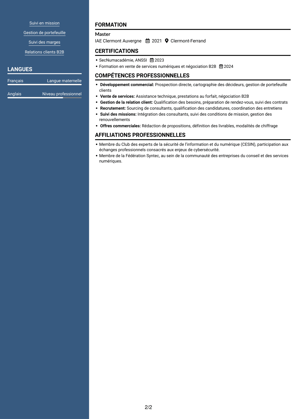CV Signature (format à colonne latérale colorée avec grande photo) : Business Manager - Cybersécurité, page 2