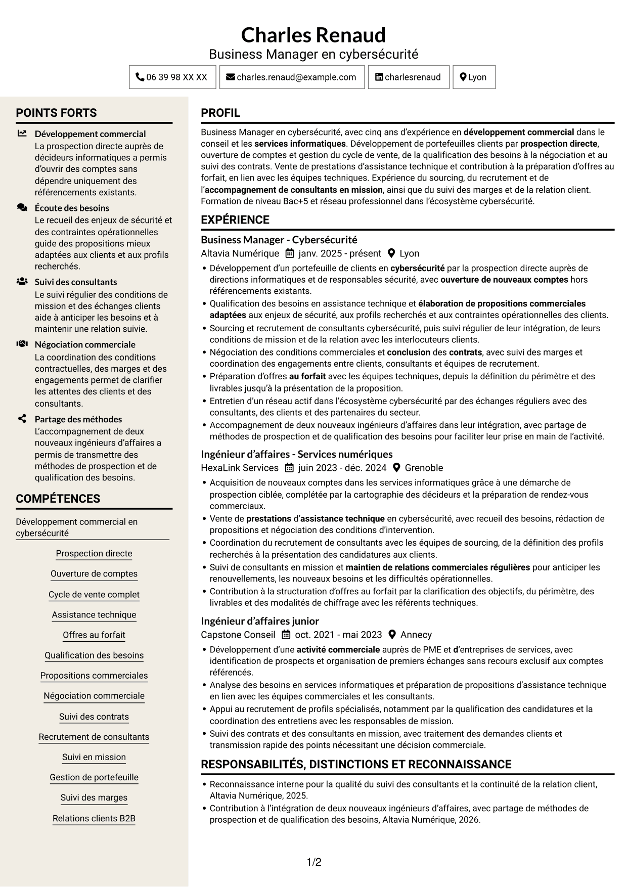 CV Fonceur (format à deux colonnes avec en-tête centré sans photo) : Business Manager - Cybersécurité, page 1