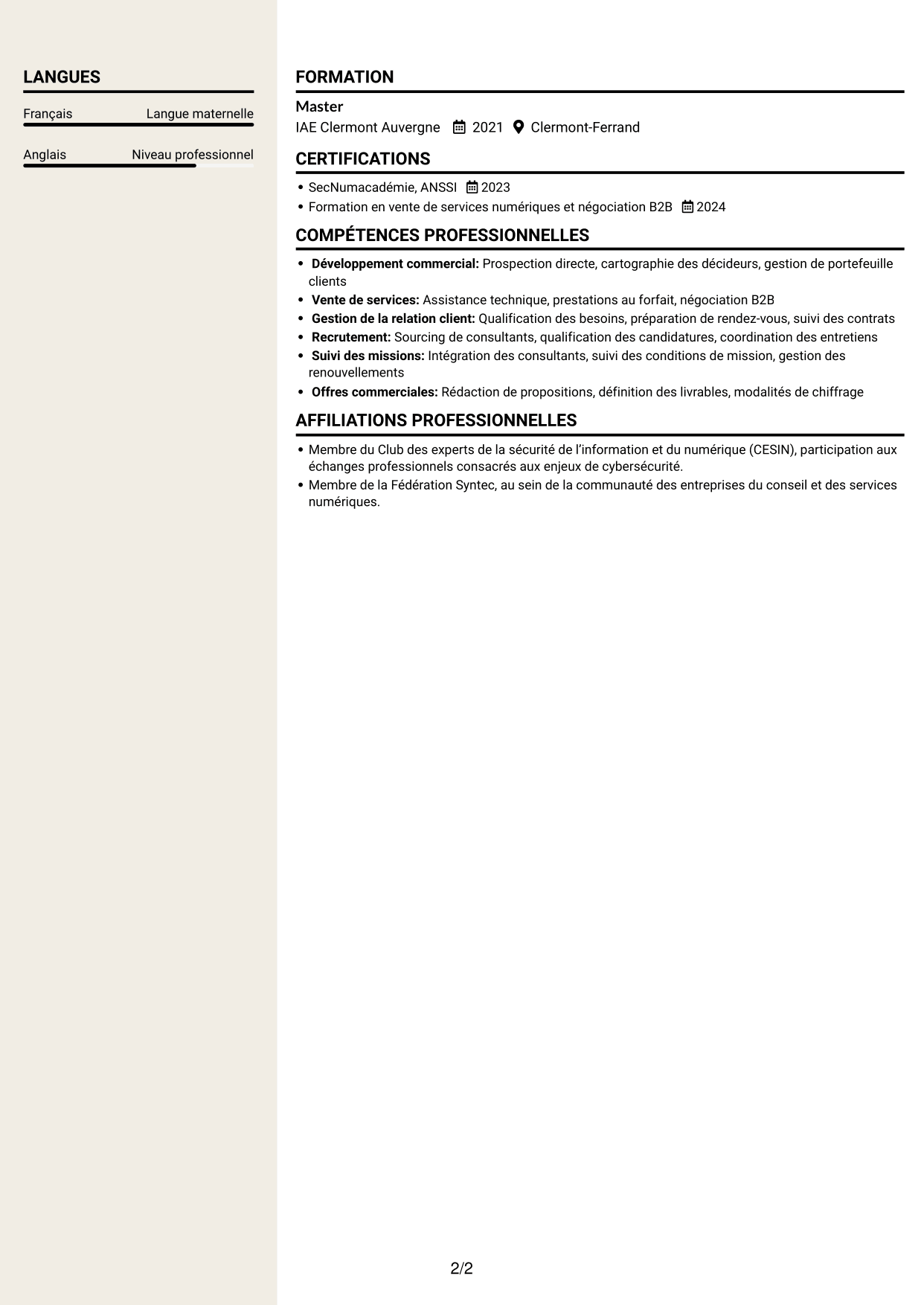 CV Fonceur (format à deux colonnes avec en-tête centré sans photo) : Business Manager - Cybersécurité, page 2