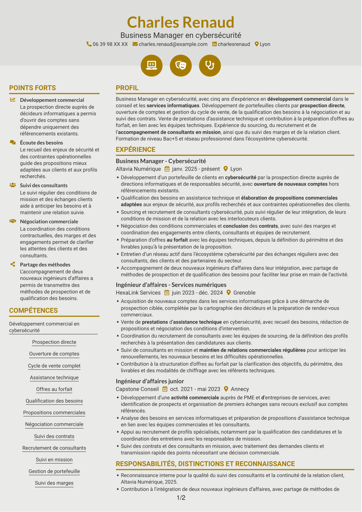 CV Dynamique (format à deux colonnes avec icônes) : Business Manager - Cybersécurité, page 1