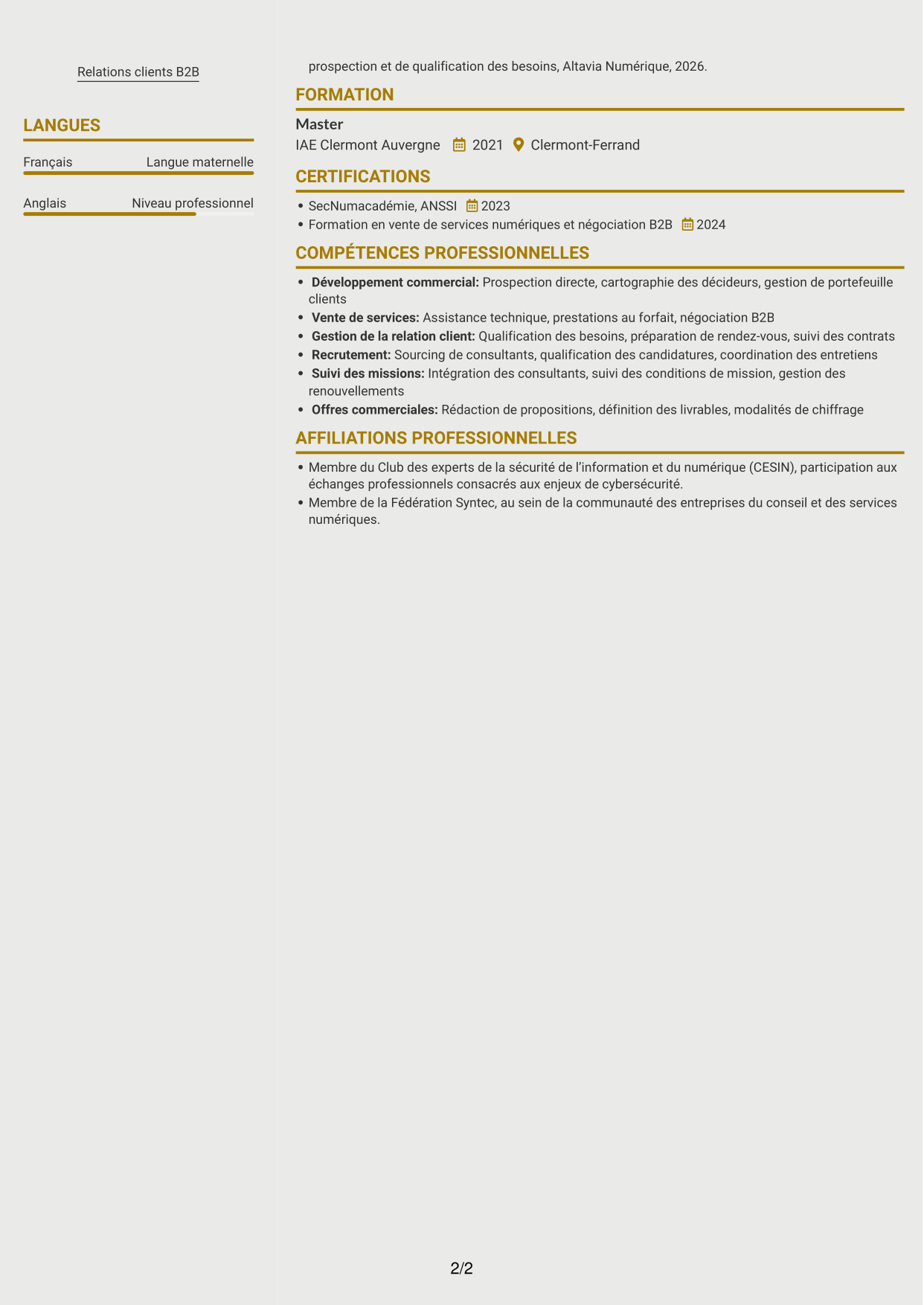 CV Dynamique (format à deux colonnes avec icônes) : Business Manager - Cybersécurité, page 2