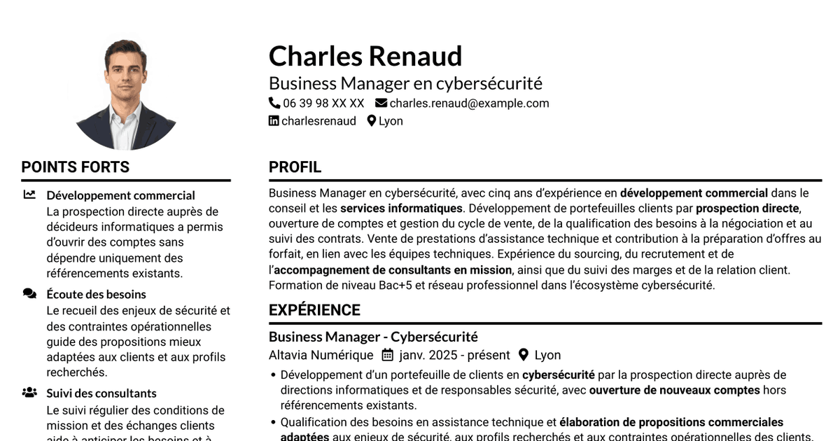7 modèles de CV pour Business Manager - Cybersécurité, avec exemples