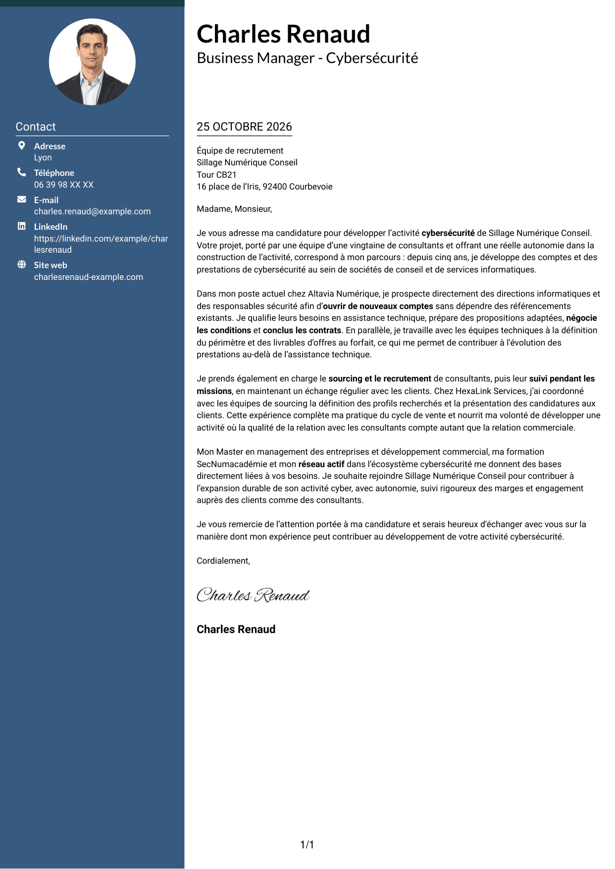 Lettre de motivation Élégant (format à colonne latérale colorée avec photo) : Business Manager - Cybersécurité, page 1