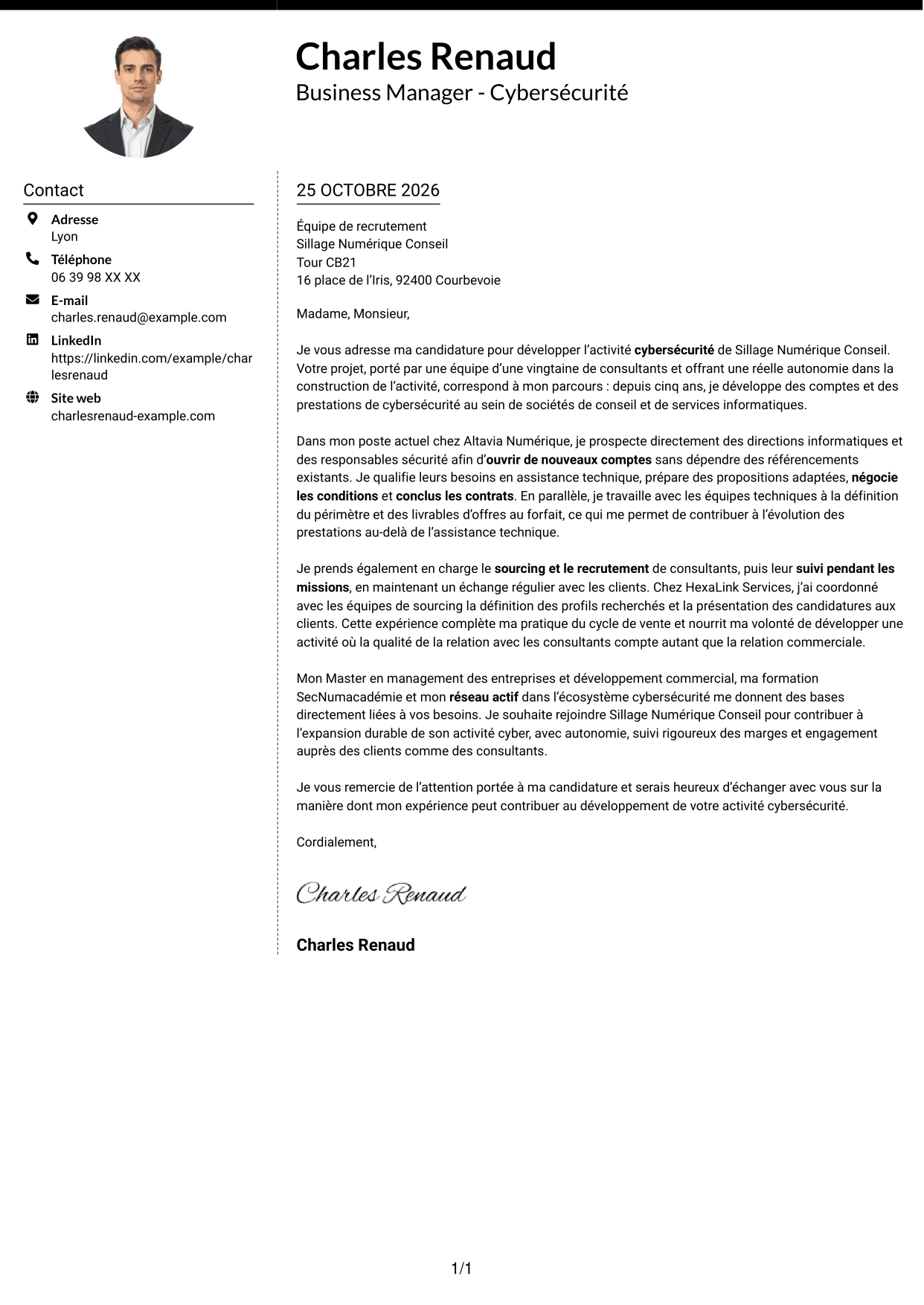 Lettre de motivation Moderne (format à deux colonnes avec photo à gauche et séparateur) : Business Manager - Cybersécurité, page 1