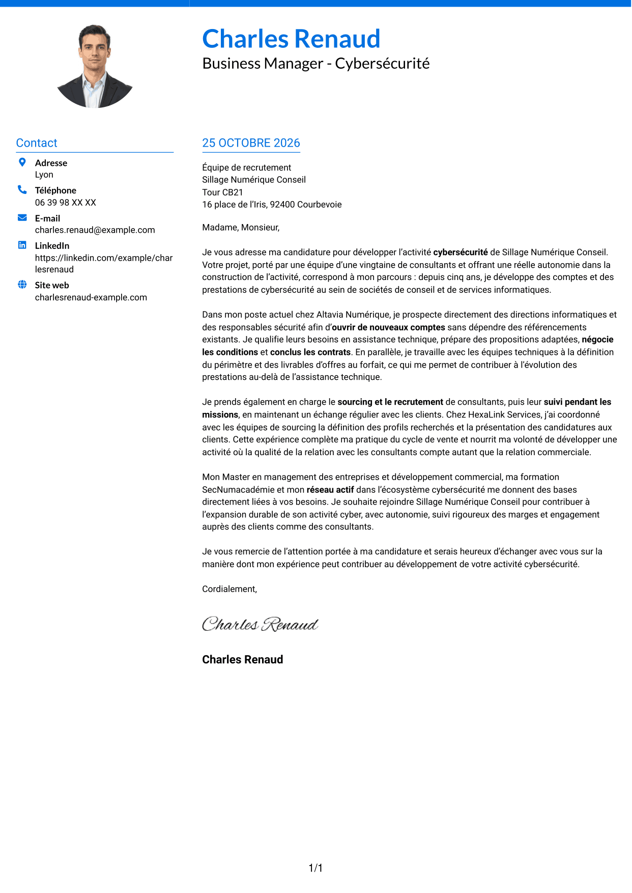 Lettre de motivation Audacieux (format à deux colonnes avec accents colorés et photo) : Business Manager - Cybersécurité, page 1