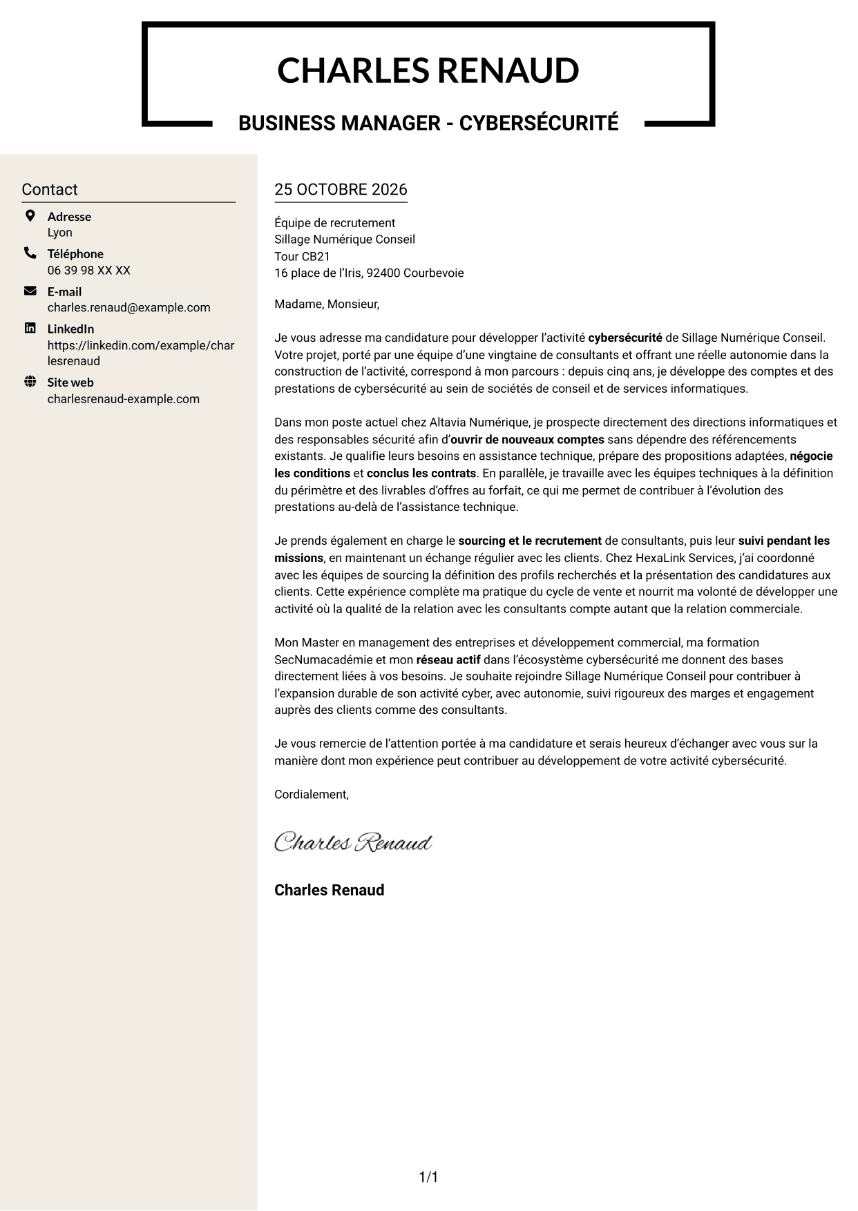 Lettre de motivation Fonceur (format à deux colonnes avec en-tête centré sans photo) : Business Manager - Cybersécurité, page 1