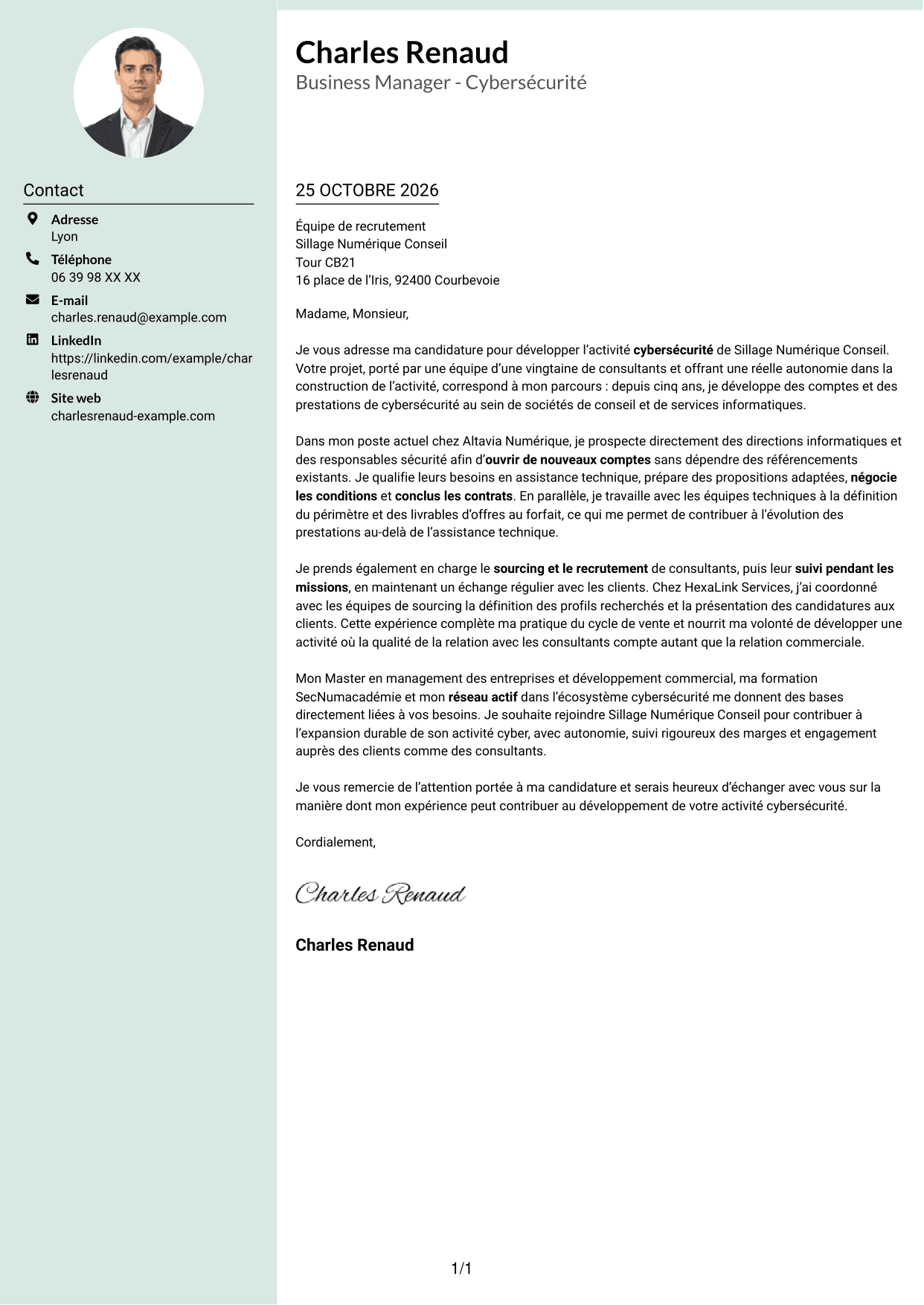 Lettre de motivation Cadre (format à colonne latérale douce avec photo arrondie) : Business Manager - Cybersécurité, page 1