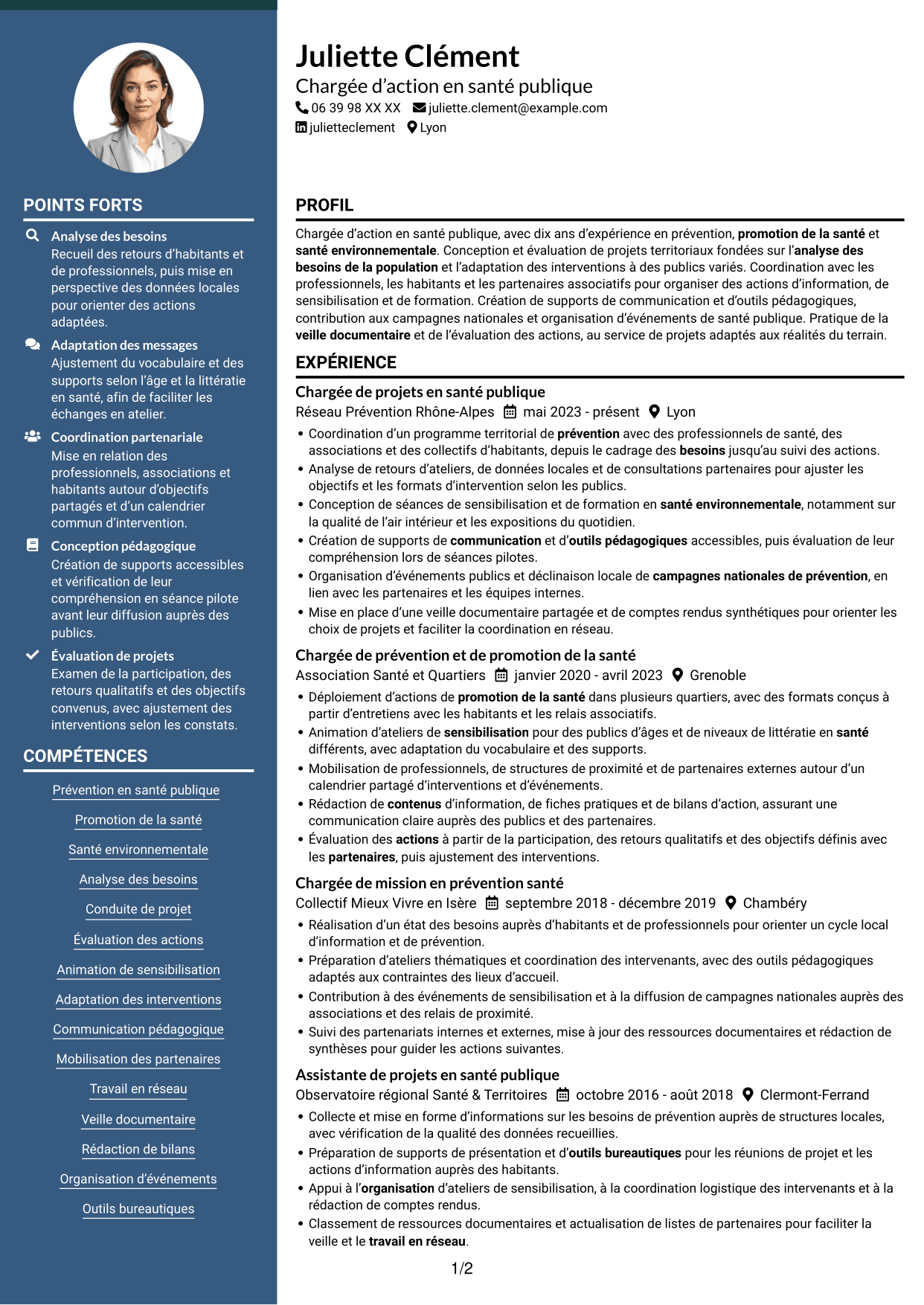 CV Élégant (format à colonne latérale colorée avec photo) : Chargé d’action en santé publique - Prévention et santé environnementale, page 1