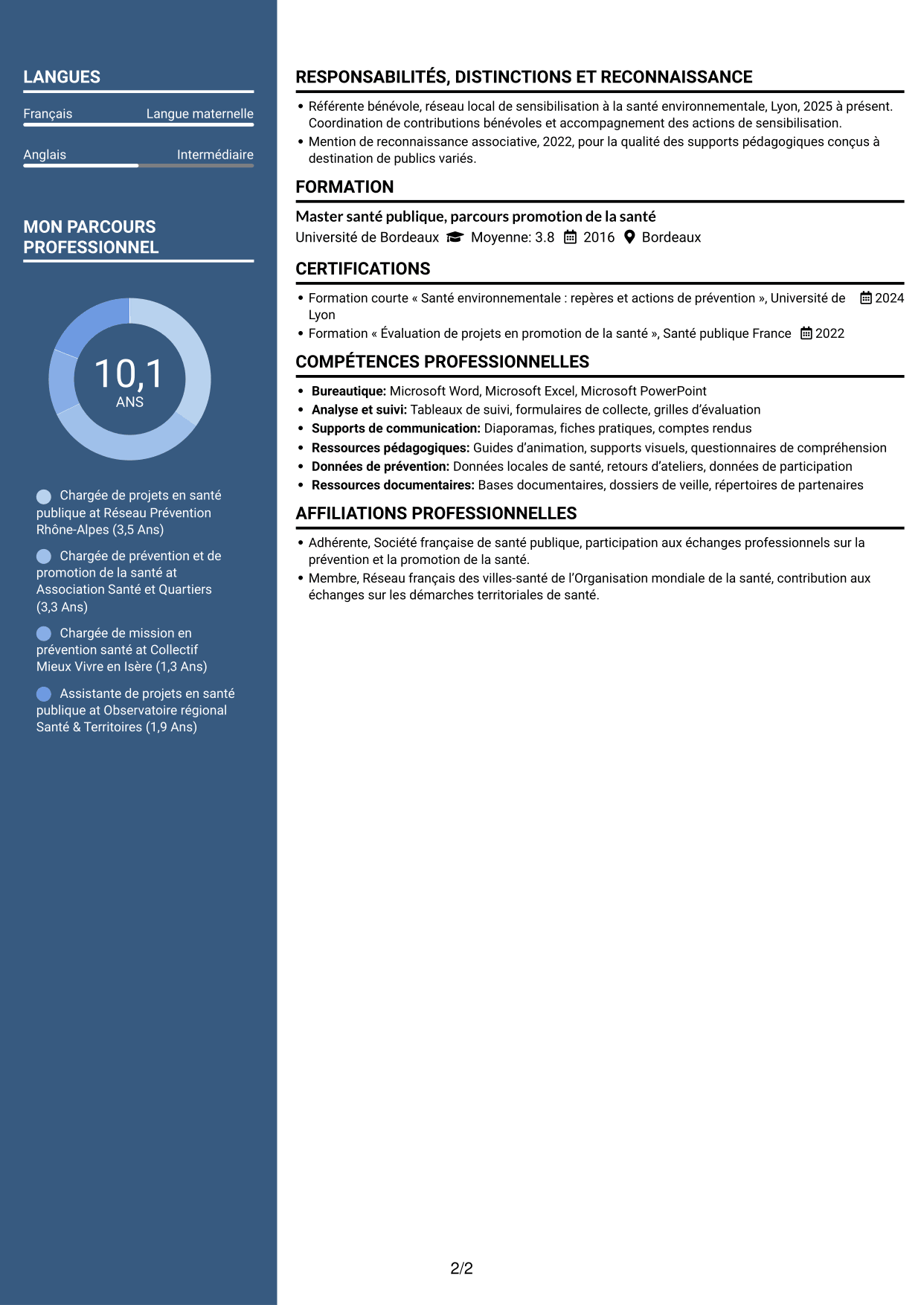 CV Élégant (format à colonne latérale colorée avec photo) : Chargé d’action en santé publique - Prévention et santé environnementale, page 2