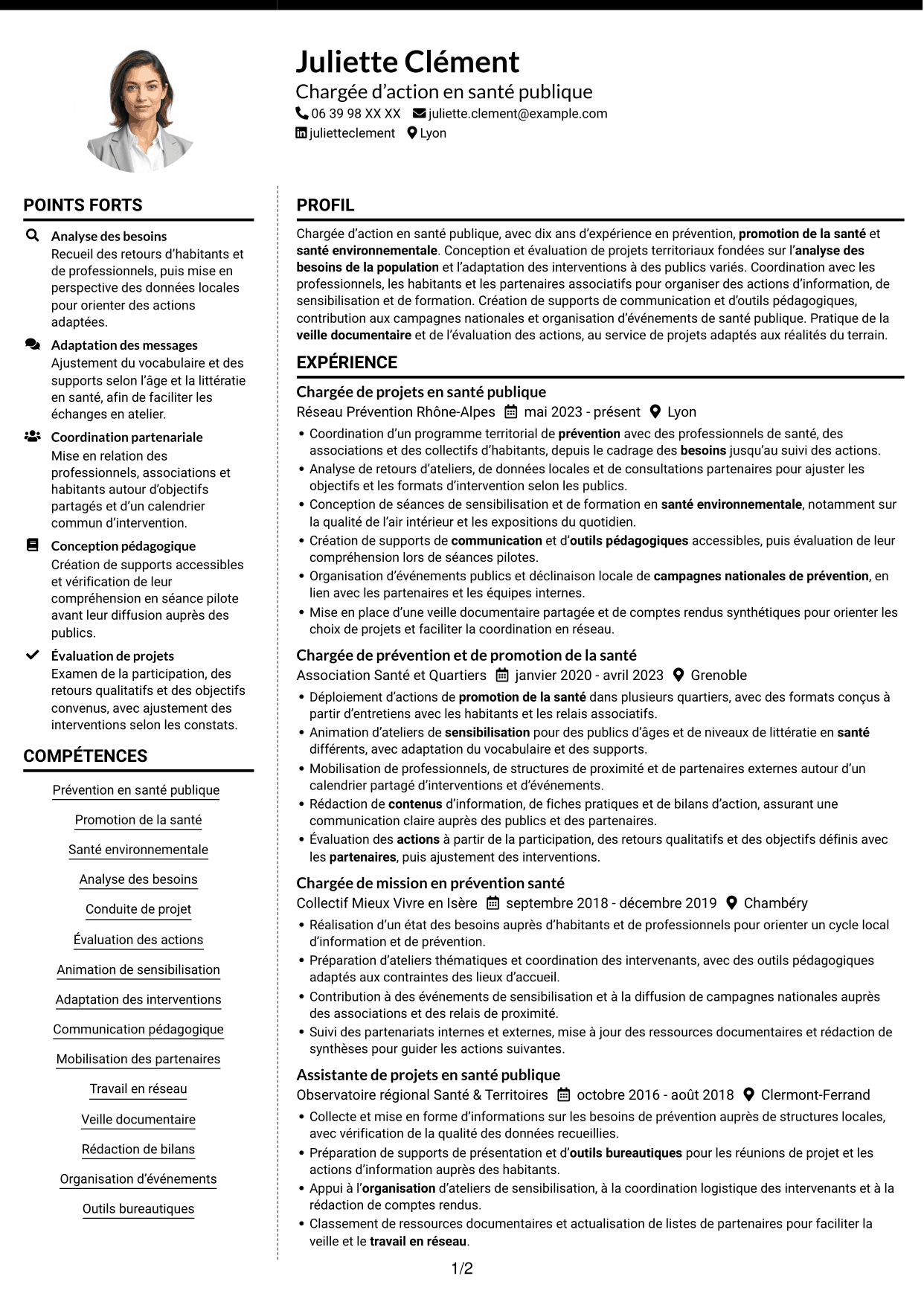 CV Moderne (format à deux colonnes avec photo à gauche et séparateur) : Chargé d’action en santé publique - Prévention et santé environnementale, page 1