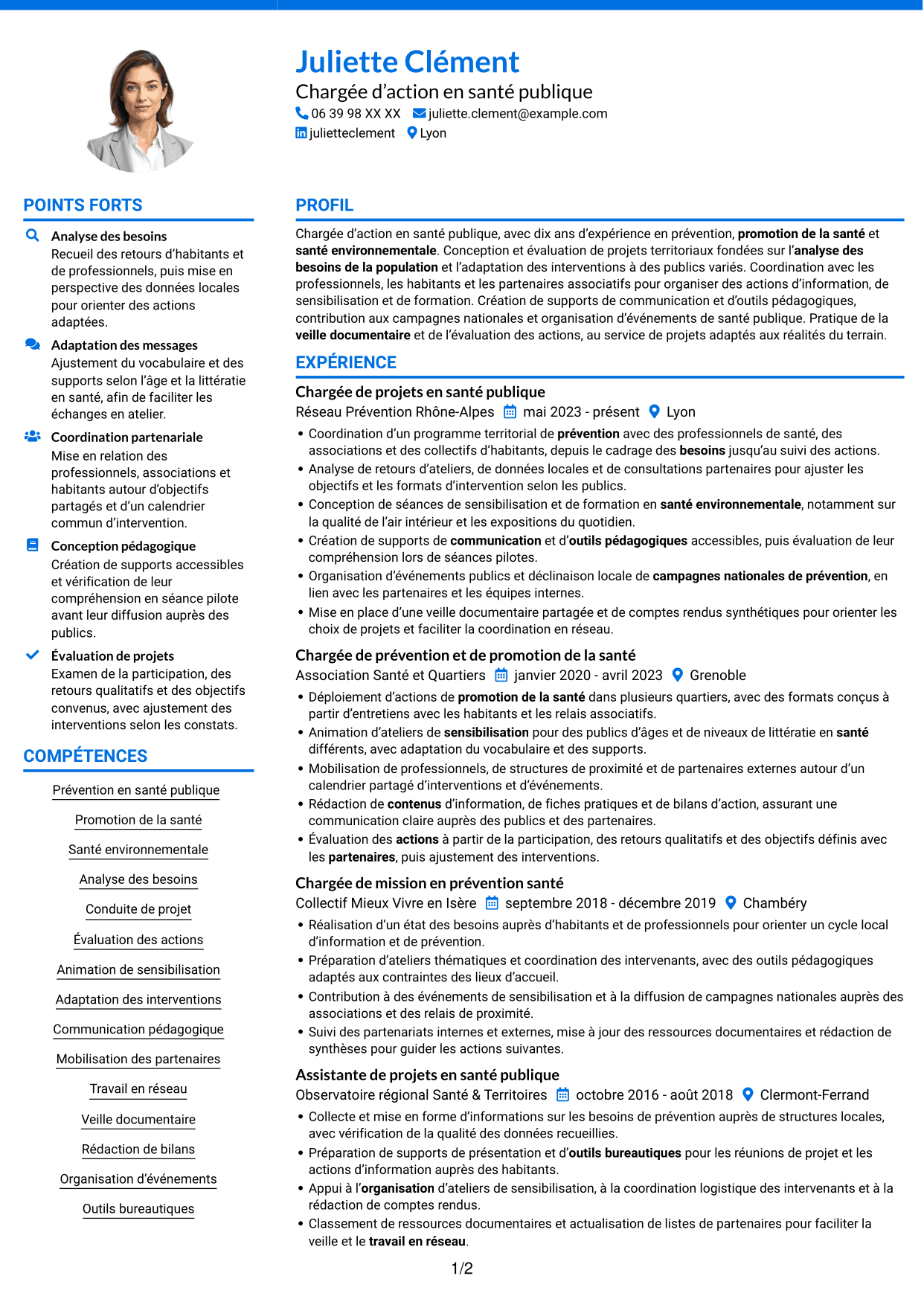 CV Audacieux (format à deux colonnes avec accents colorés et photo) : Chargé d’action en santé publique - Prévention et santé environnementale, page 1