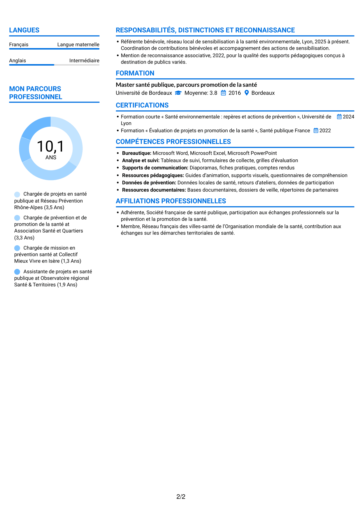 CV Audacieux (format à deux colonnes avec accents colorés et photo) : Chargé d’action en santé publique - Prévention et santé environnementale, page 2