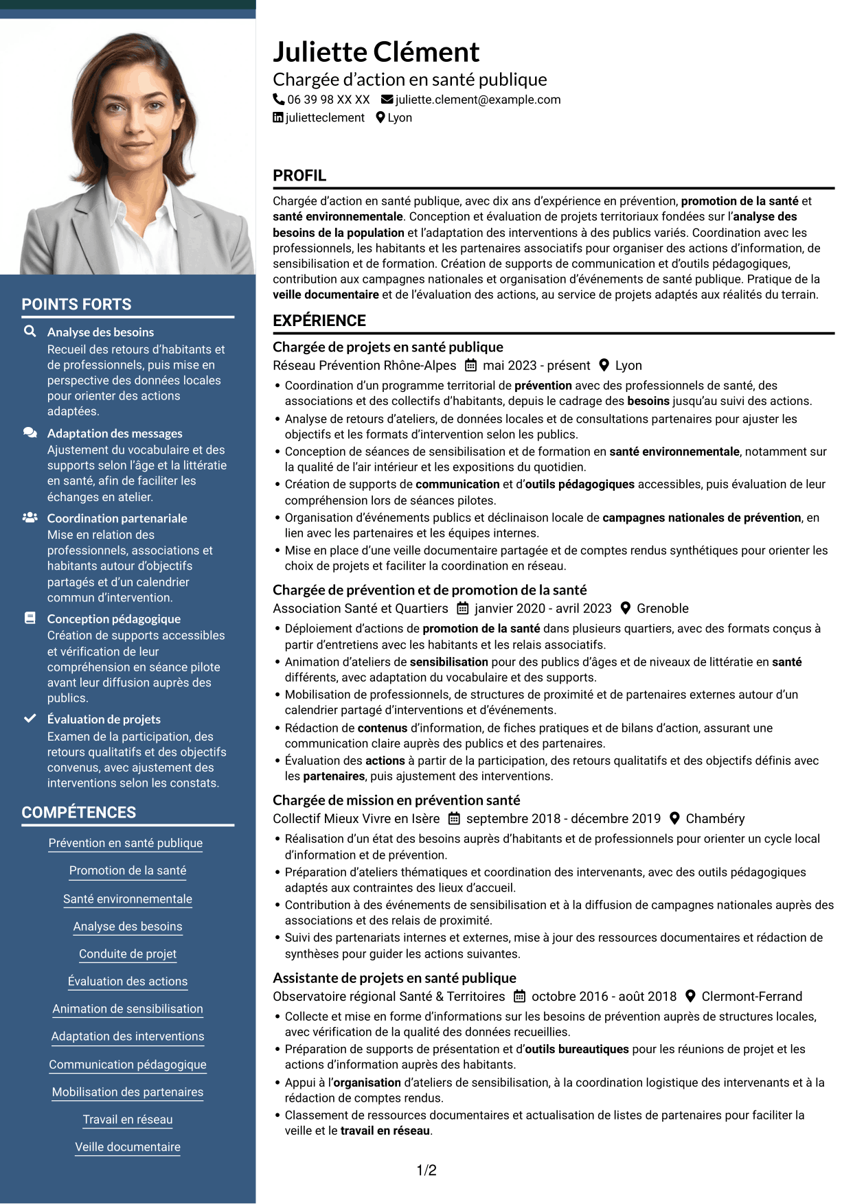 CV Signature (format à colonne latérale colorée avec grande photo) : Chargé d’action en santé publique - Prévention et santé environnementale, page 1