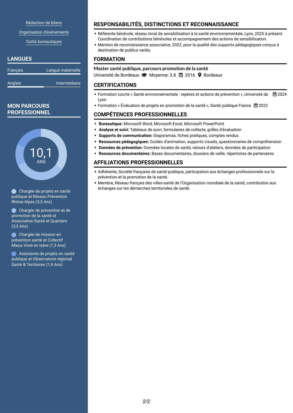 CV Signature (format à colonne latérale colorée avec grande photo) : Chargé d’action en santé publique - Prévention et santé environnementale, page 2