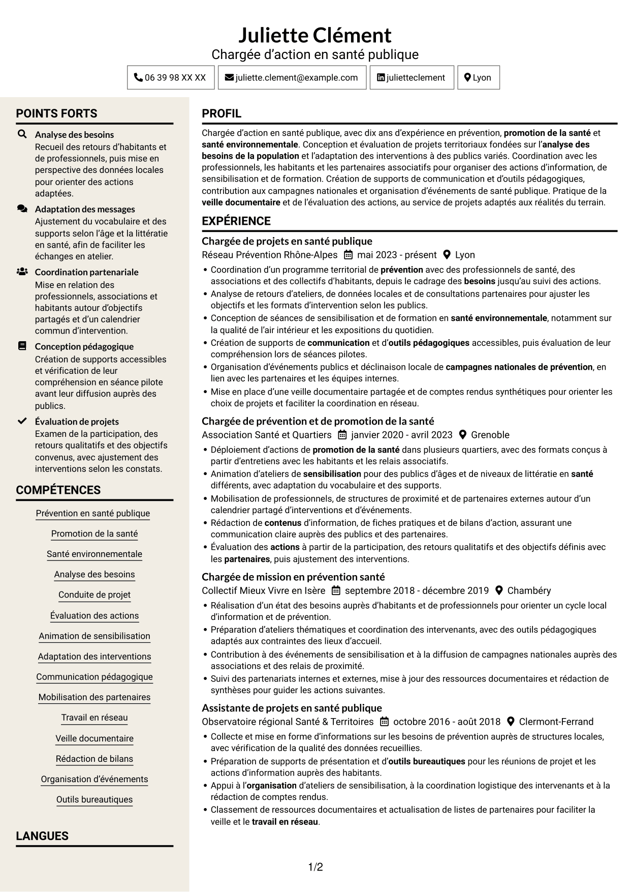 CV Fonceur (format à deux colonnes avec en-tête centré sans photo) : Chargé d’action en santé publique - Prévention et santé environnementale, page 1