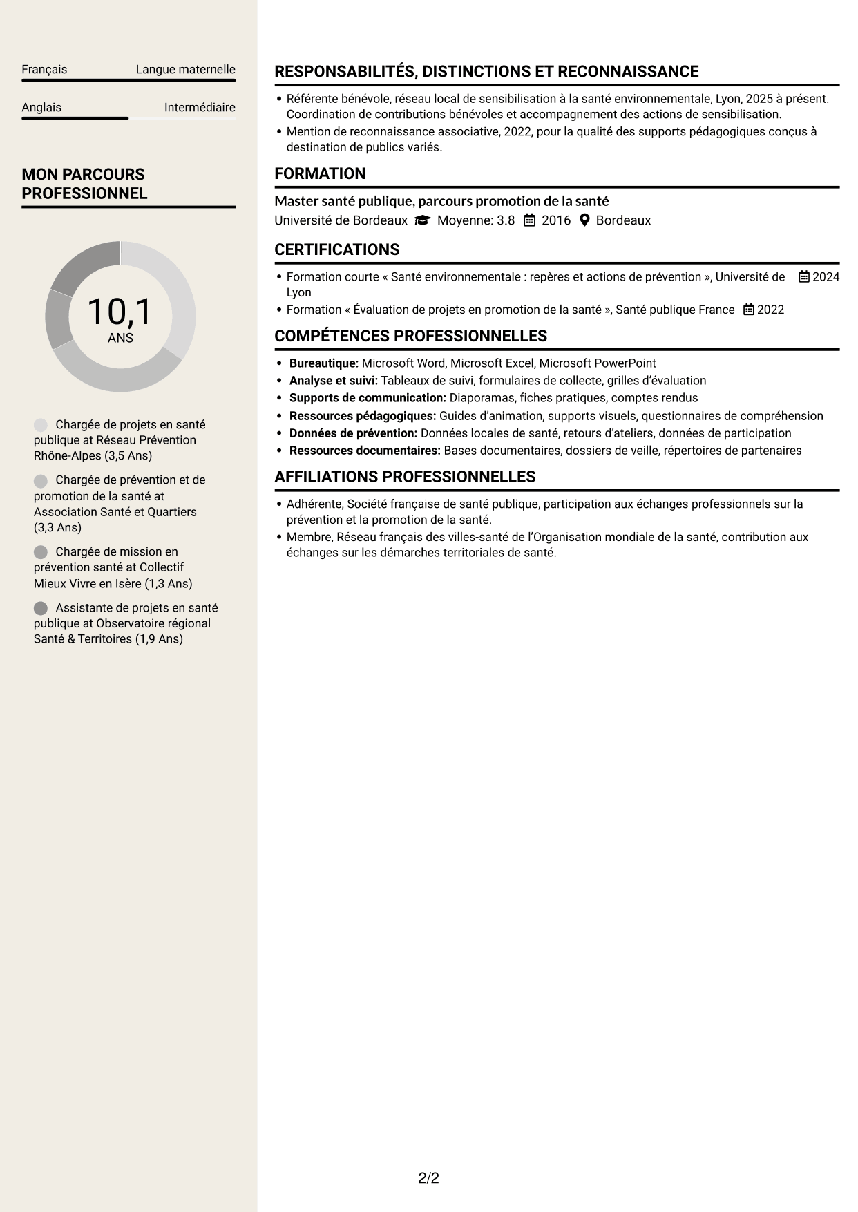 CV Fonceur (format à deux colonnes avec en-tête centré sans photo) : Chargé d’action en santé publique - Prévention et santé environnementale, page 2