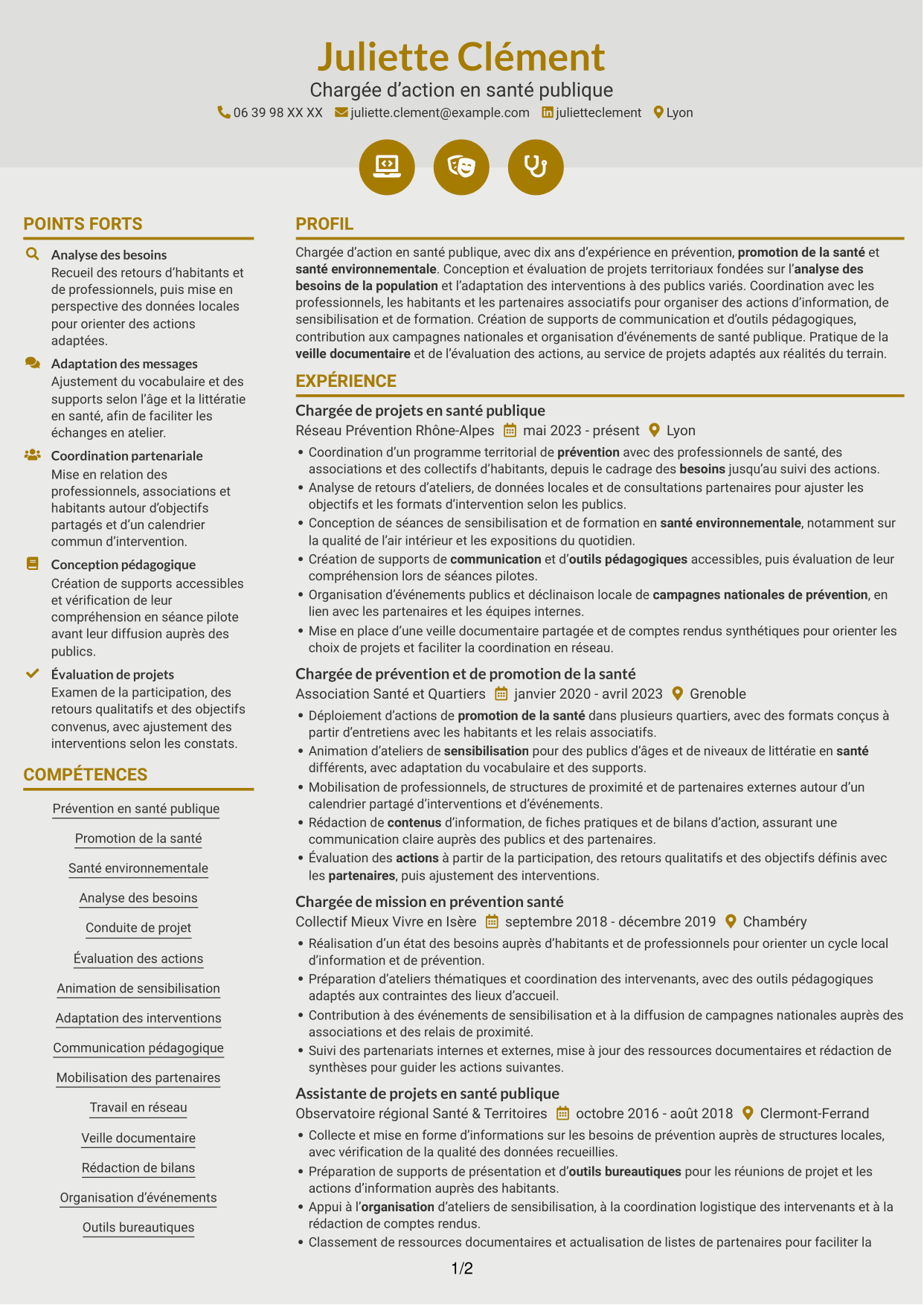 CV Dynamique (format à deux colonnes avec icônes) : Chargé d’action en santé publique - Prévention et santé environnementale, page 1