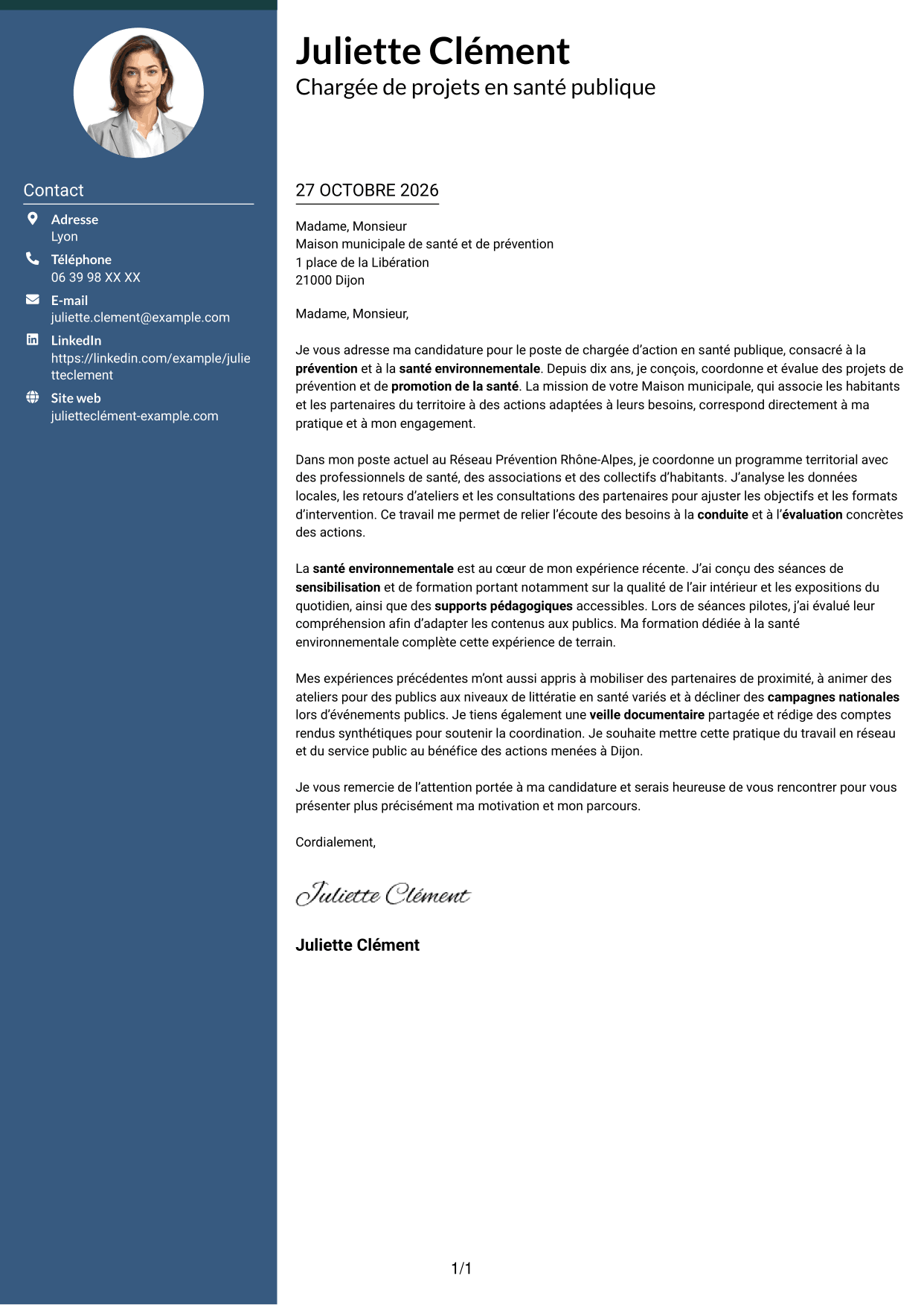 Lettre de motivation Élégant (format à colonne latérale colorée avec photo) : Chargé d’action en santé publique - Prévention et santé environnementale, page 1