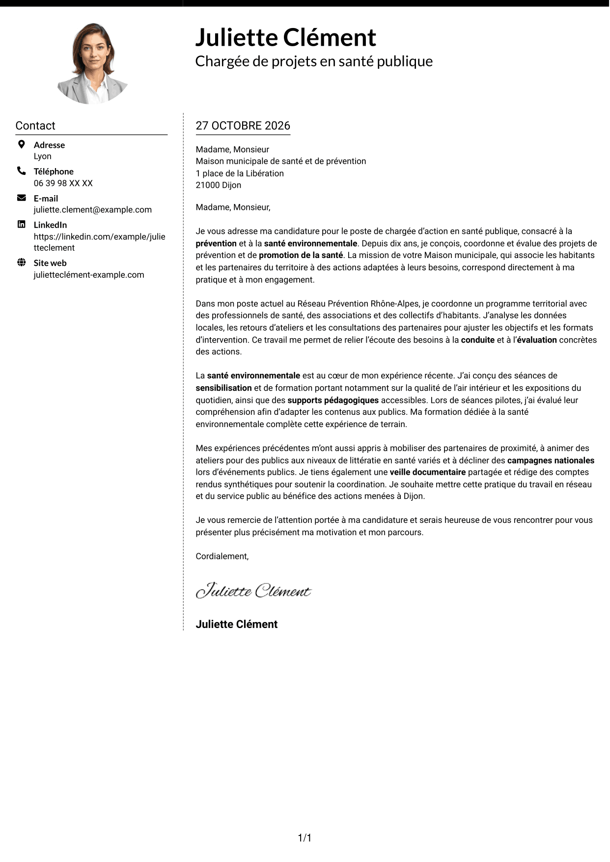 Lettre de motivation Moderne (format à deux colonnes avec photo à gauche et séparateur) : Chargé d’action en santé publique - Prévention et santé environnementale, page 1