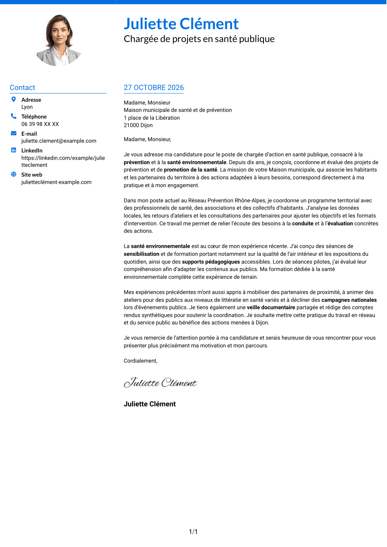 Lettre de motivation Audacieux (format à deux colonnes avec accents colorés et photo) : Chargé d’action en santé publique - Prévention et santé environnementale, page 1