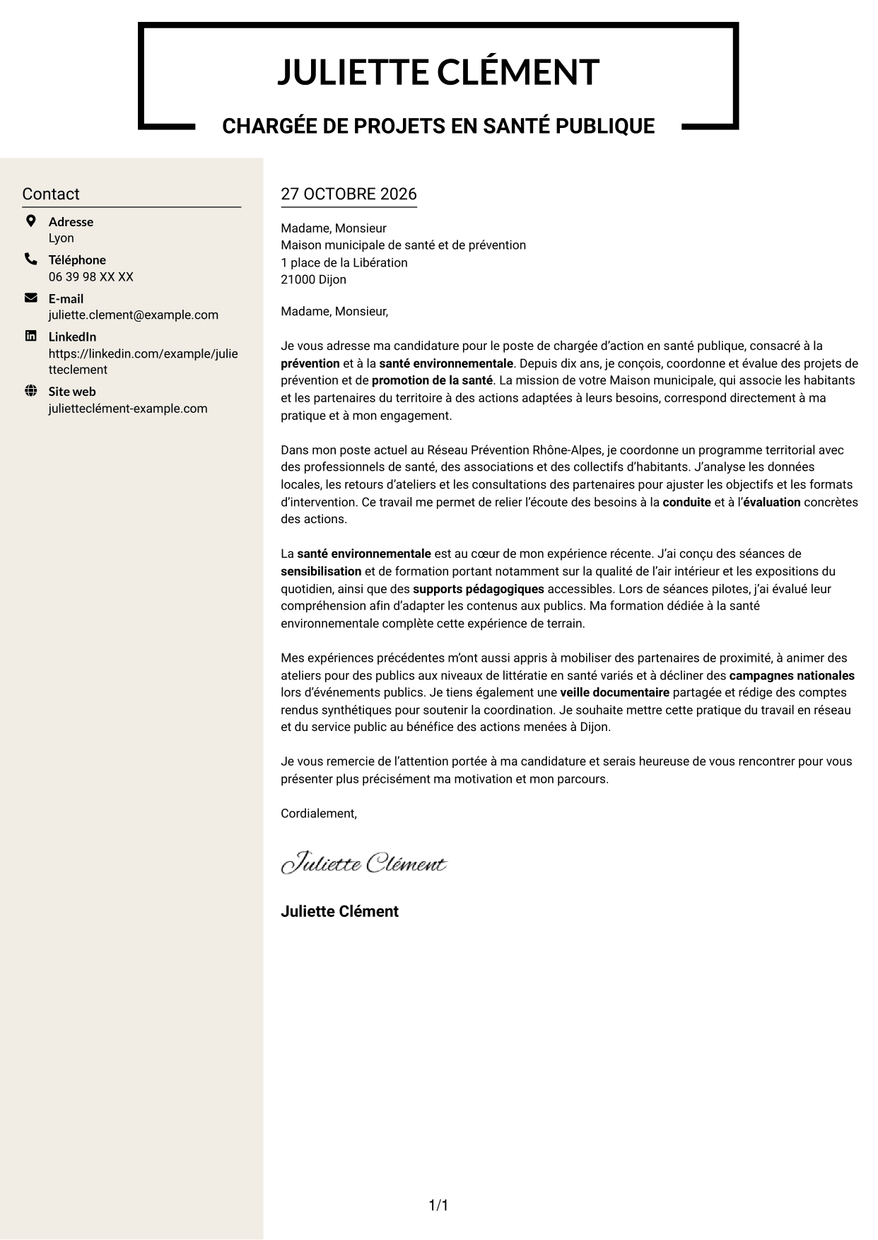 Lettre de motivation Fonceur (format à deux colonnes avec en-tête centré sans photo) : Chargé d’action en santé publique - Prévention et santé environnementale, page 1