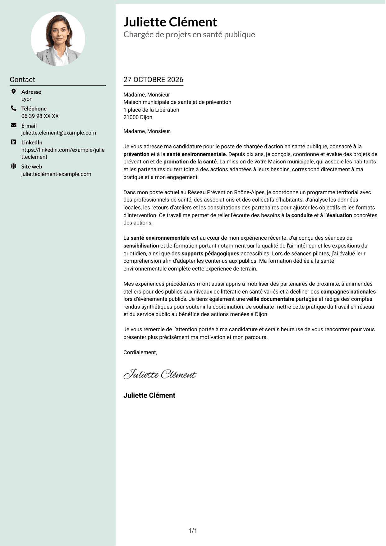 Lettre de motivation Cadre (format à colonne latérale douce avec photo arrondie) : Chargé d’action en santé publique - Prévention et santé environnementale, page 1