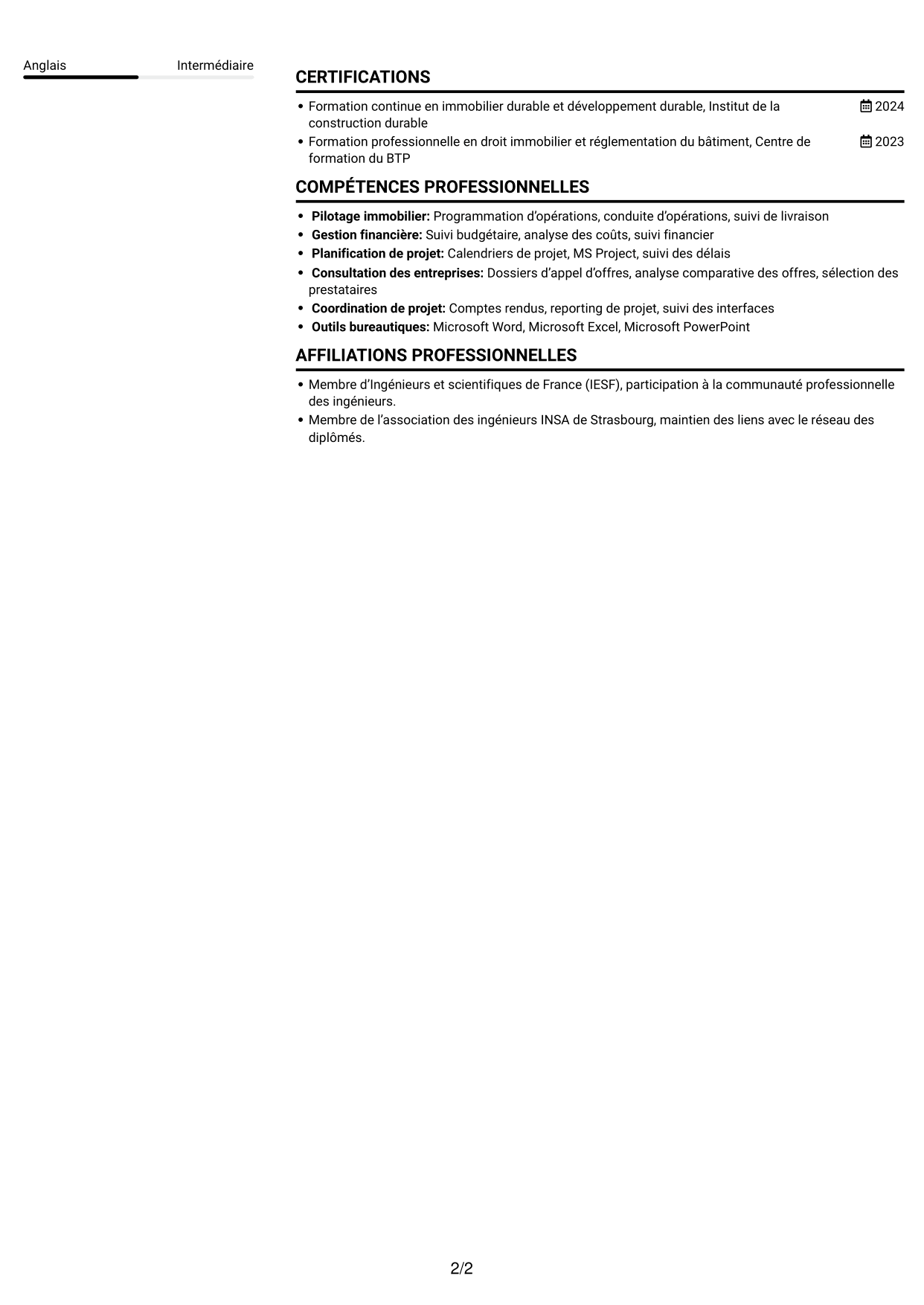 CV Compact (format sobre à deux colonnes avec photo) : Chargé d’opérations AMO bâtiment, page 2
