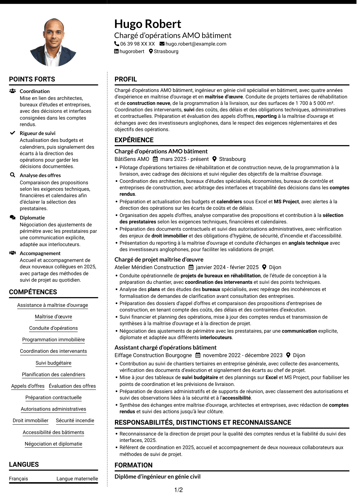 CV Moderne (format à deux colonnes avec photo à gauche et séparateur) : Chargé d’opérations AMO bâtiment, page 1