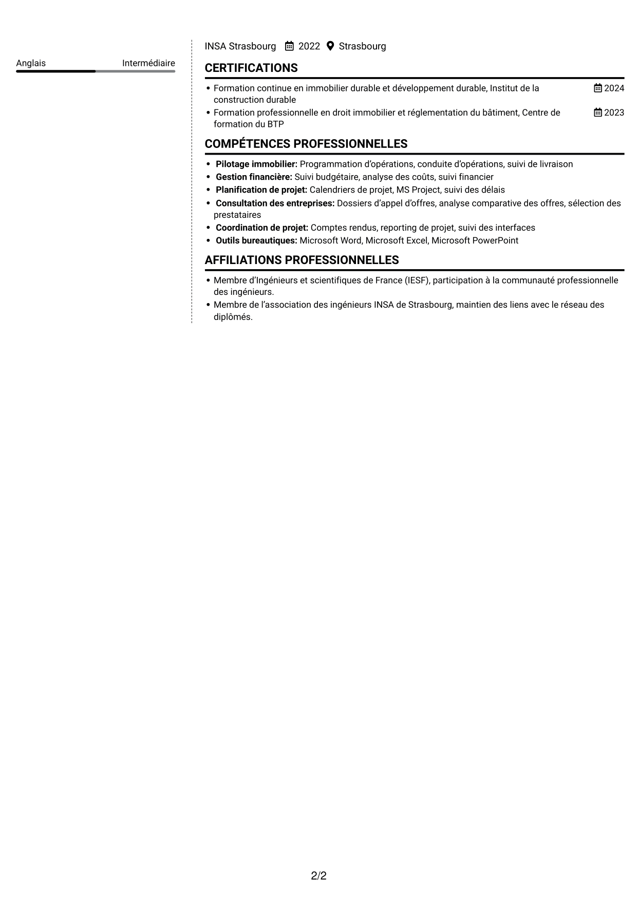 CV Moderne (format à deux colonnes avec photo à gauche et séparateur) : Chargé d’opérations AMO bâtiment, page 2