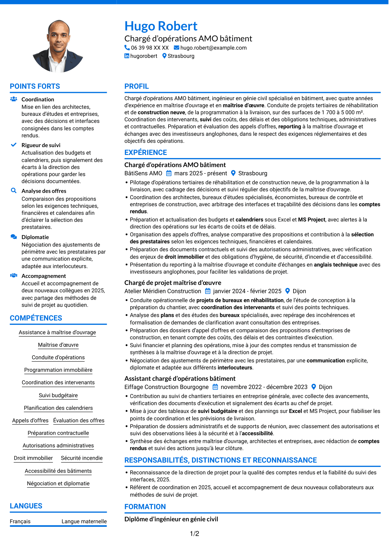 CV Audacieux (format à deux colonnes avec accents colorés et photo) : Chargé d’opérations AMO bâtiment, page 1