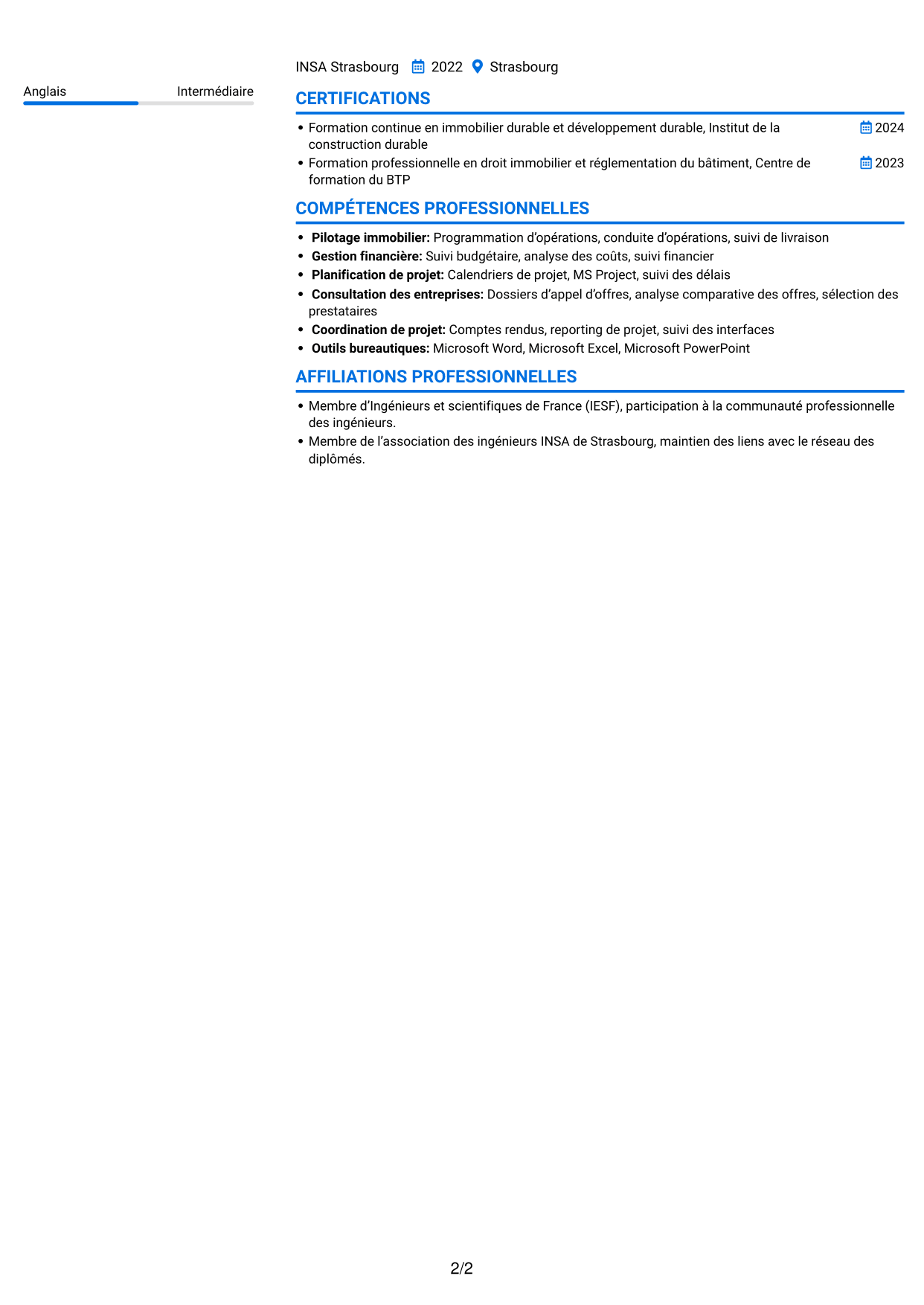 CV Audacieux (format à deux colonnes avec accents colorés et photo) : Chargé d’opérations AMO bâtiment, page 2