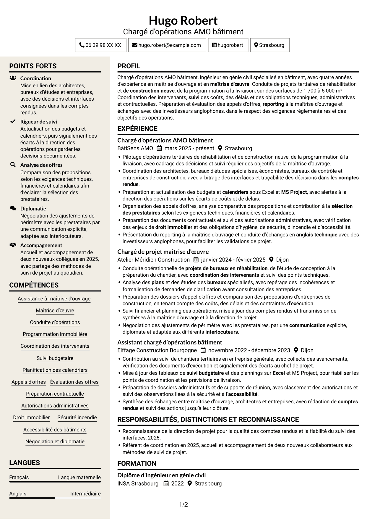 CV Fonceur (format à deux colonnes avec en-tête centré sans photo) : Chargé d’opérations AMO bâtiment, page 1