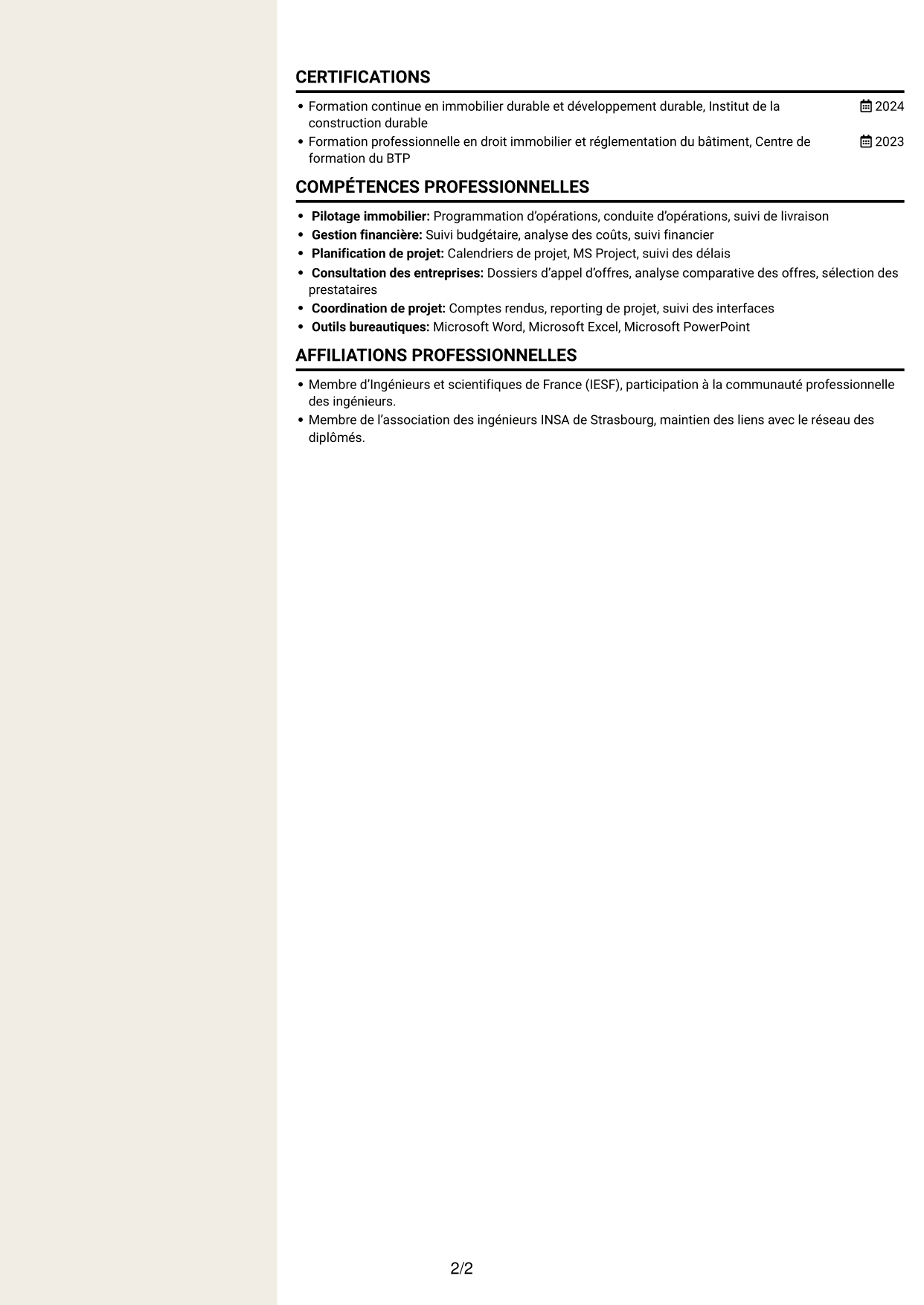 CV Fonceur (format à deux colonnes avec en-tête centré sans photo) : Chargé d’opérations AMO bâtiment, page 2