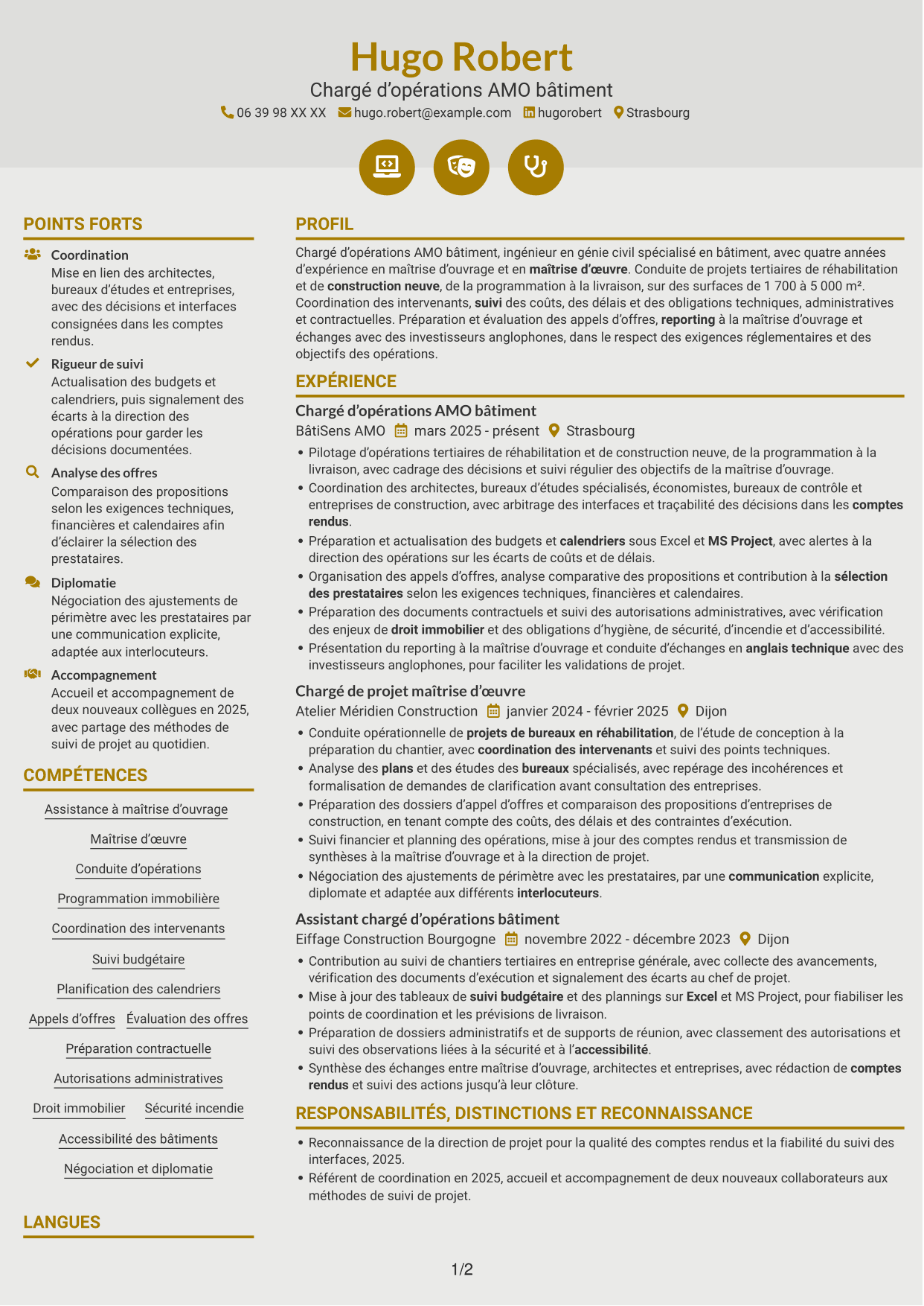CV Dynamique (format à deux colonnes avec icônes) : Chargé d’opérations AMO bâtiment, page 1