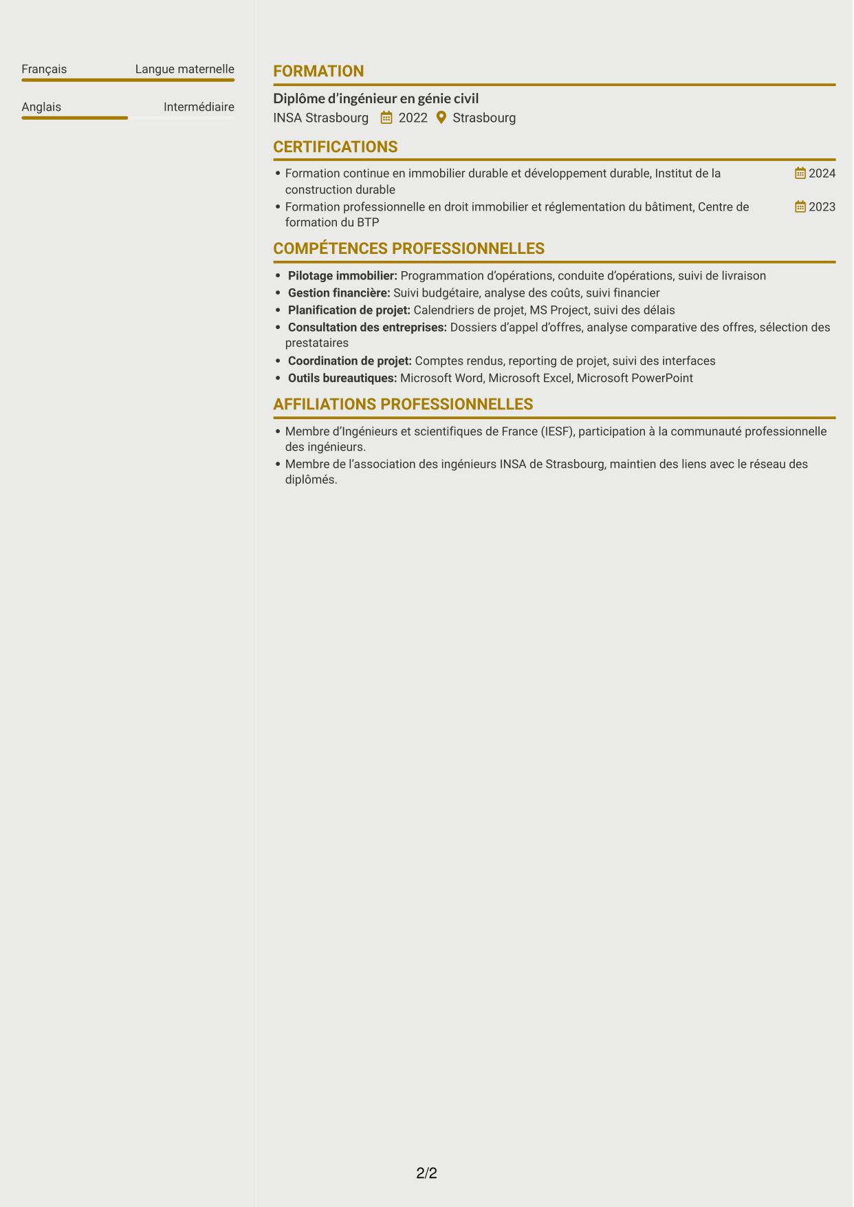 CV Dynamique (format à deux colonnes avec icônes) : Chargé d’opérations AMO bâtiment, page 2