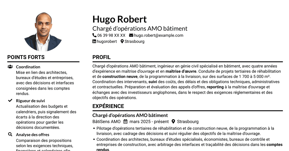 7 modèles de CV pour Chargé d’opérations AMO bâtiment, avec exemples