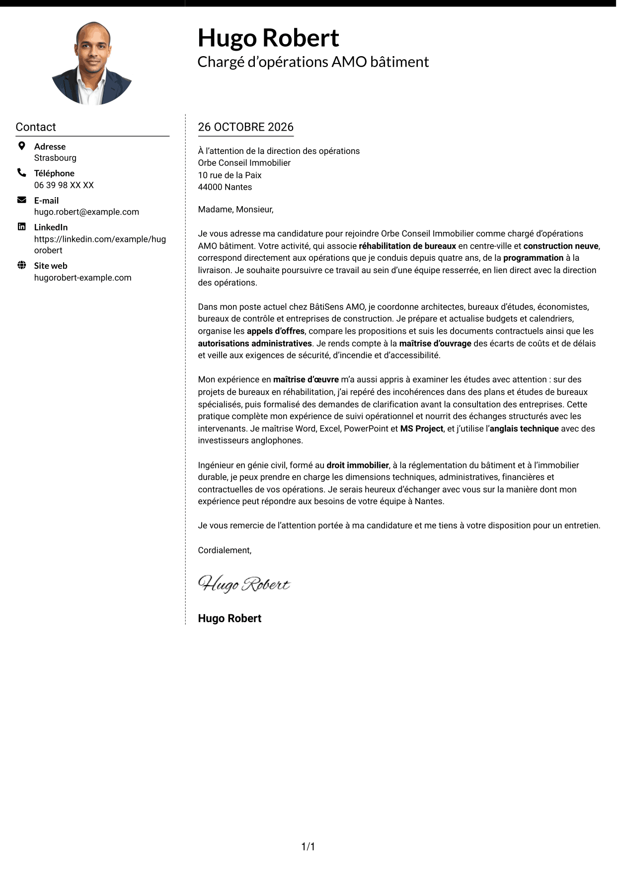 Lettre de motivation Moderne (format à deux colonnes avec photo à gauche et séparateur) : Chargé d’opérations AMO bâtiment, page 1