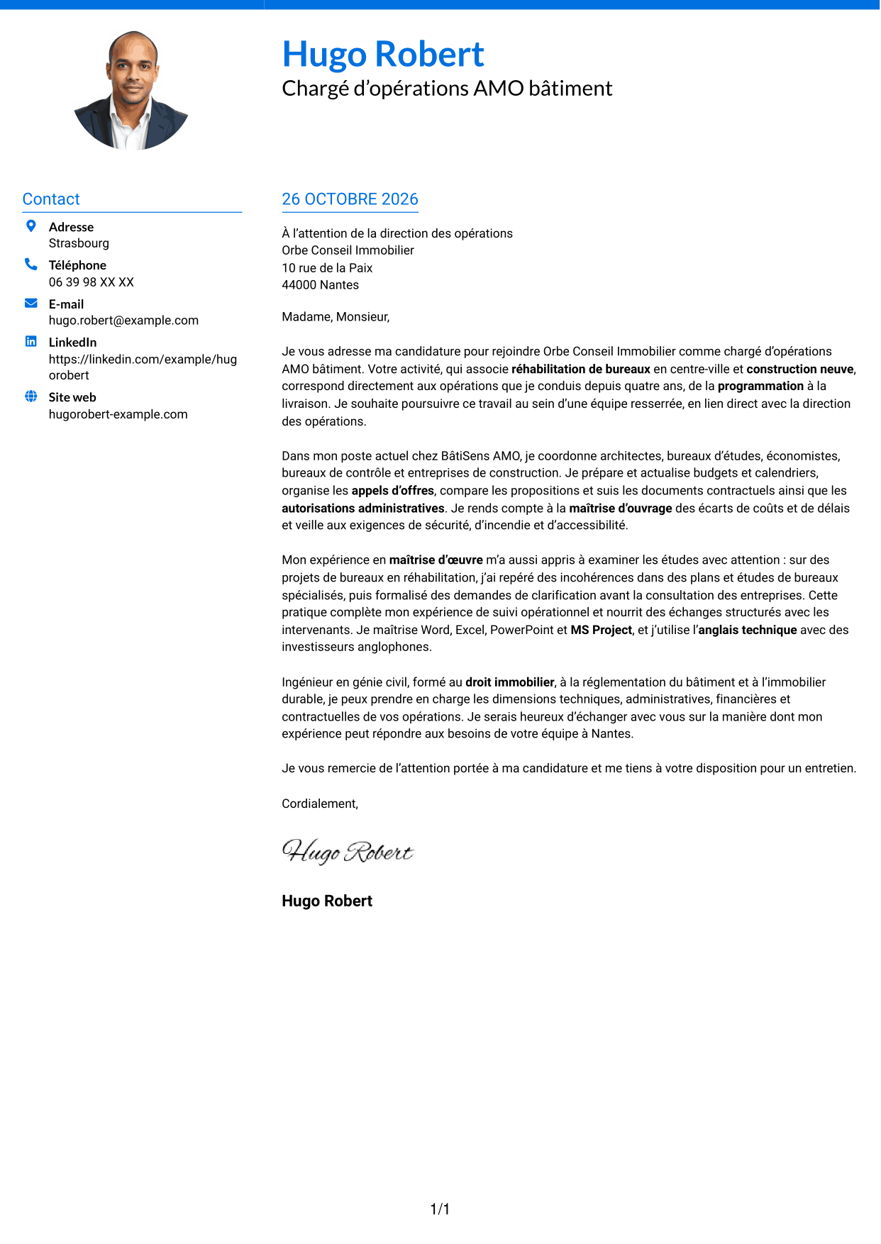 Lettre de motivation Audacieux (format à deux colonnes avec accents colorés et photo) : Chargé d’opérations AMO bâtiment, page 1