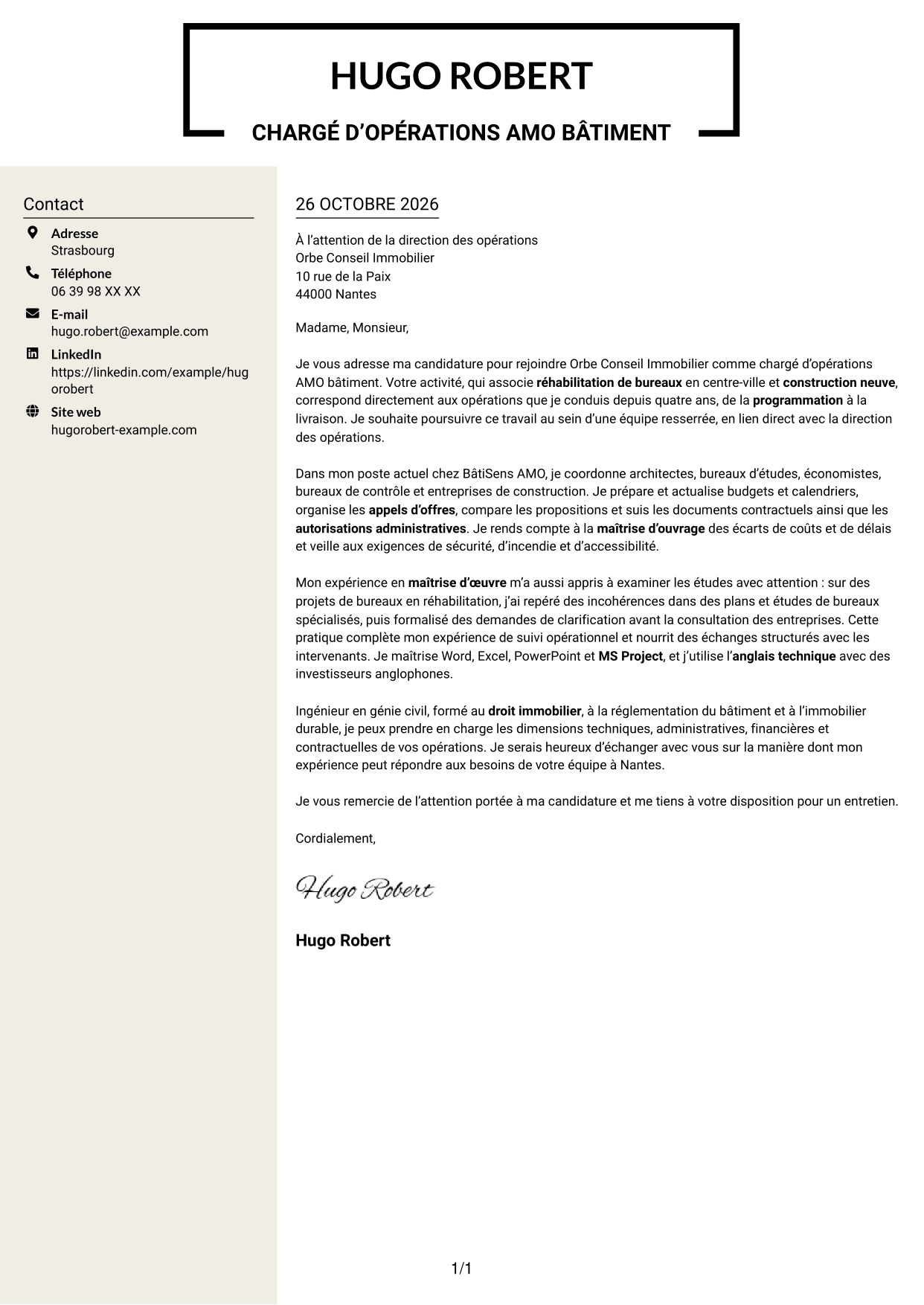 Lettre de motivation Fonceur (format à deux colonnes avec en-tête centré sans photo) : Chargé d’opérations AMO bâtiment, page 1