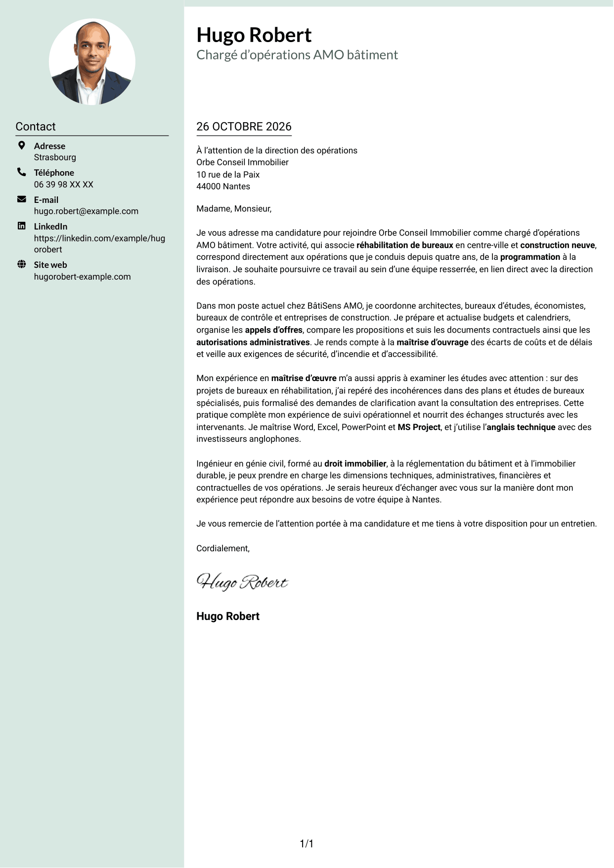 Lettre de motivation Cadre (format à colonne latérale douce avec photo arrondie) : Chargé d’opérations AMO bâtiment, page 1