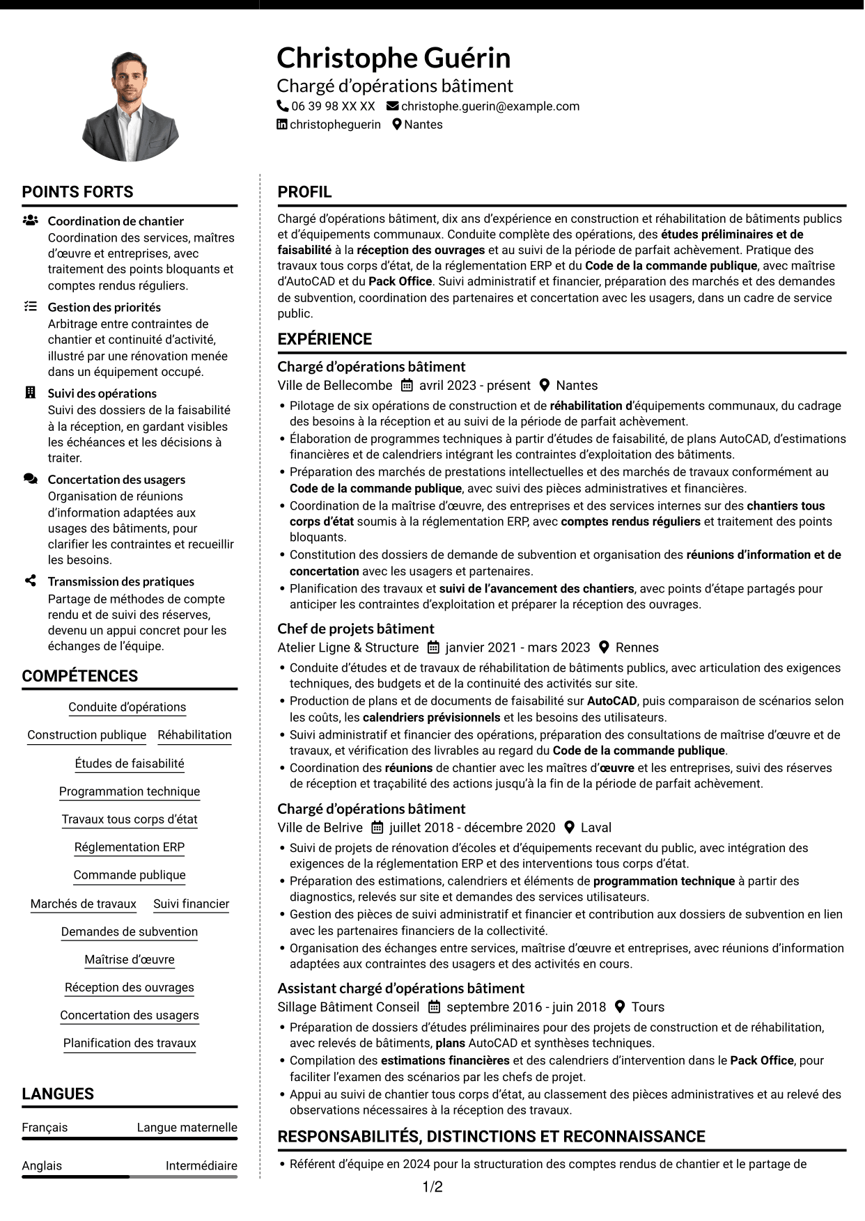 CV Moderne (format à deux colonnes avec photo à gauche et séparateur) : Chargé d’opérations bâtiment - Construction et réhabilitation, page 1