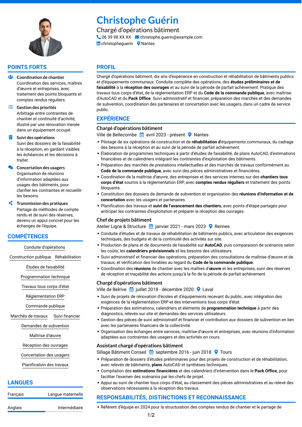 CV Audacieux (format à deux colonnes avec accents colorés et photo) : Chargé d’opérations bâtiment - Construction et réhabilitation, page 1