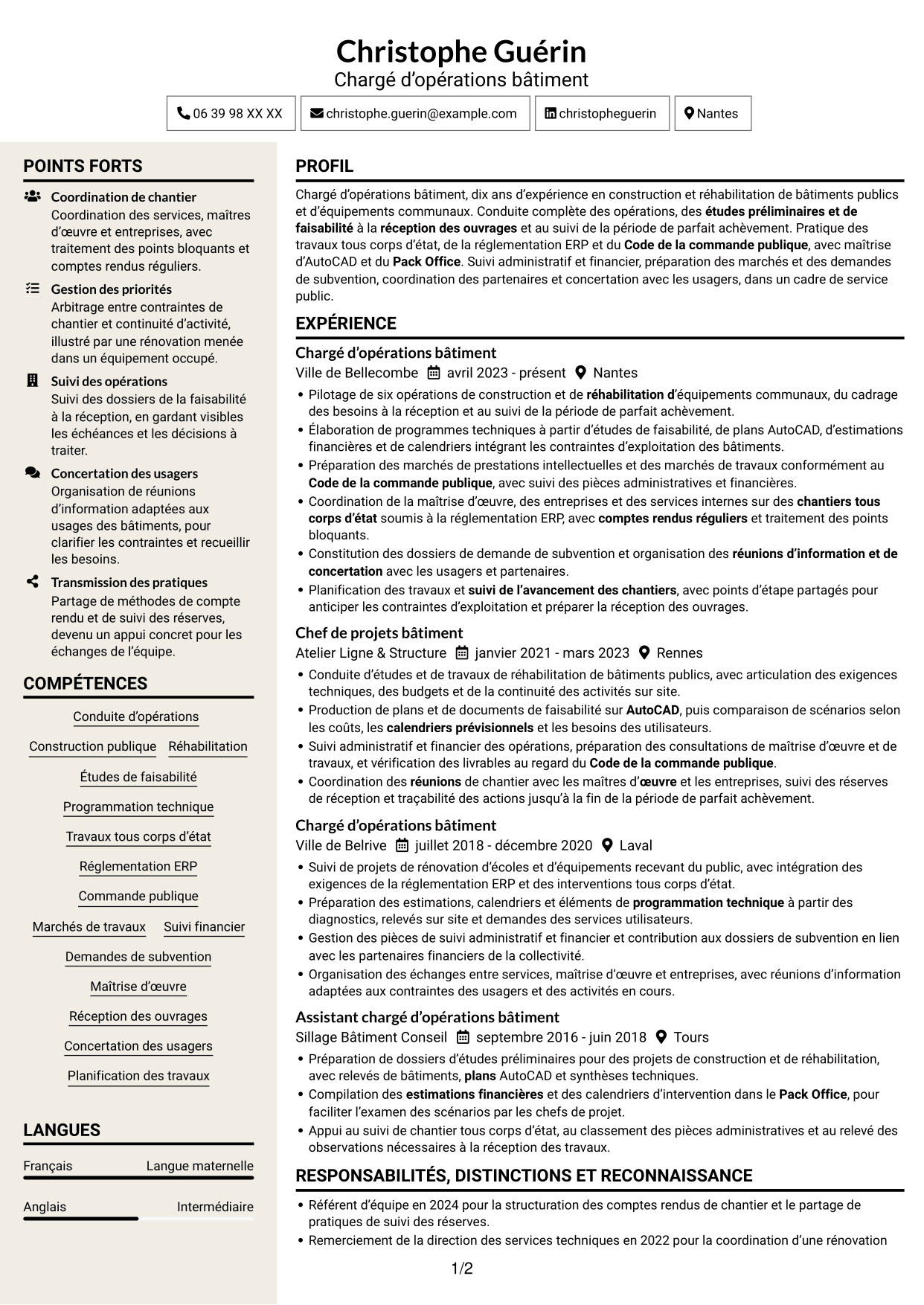 CV Fonceur (format à deux colonnes avec en-tête centré sans photo) : Chargé d’opérations bâtiment - Construction et réhabilitation, page 1