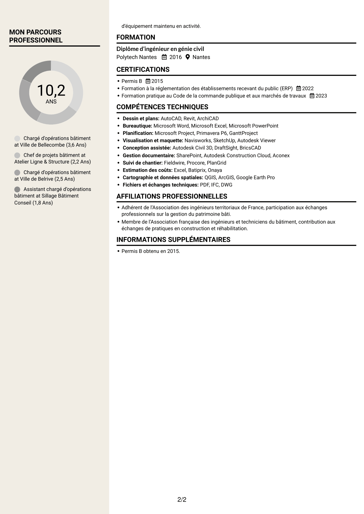CV Fonceur (format à deux colonnes avec en-tête centré sans photo) : Chargé d’opérations bâtiment - Construction et réhabilitation, page 2