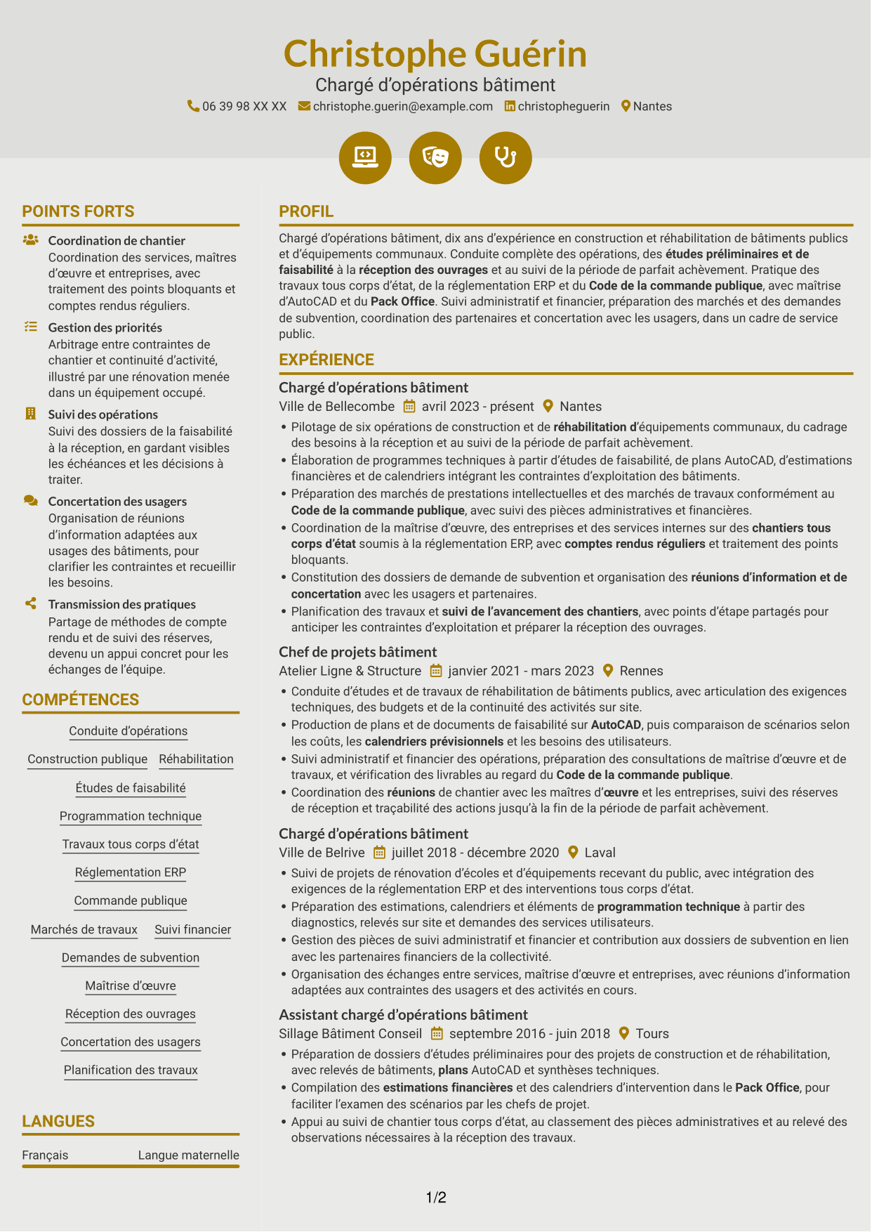 CV Dynamique (format à deux colonnes avec icônes) : Chargé d’opérations bâtiment - Construction et réhabilitation, page 1