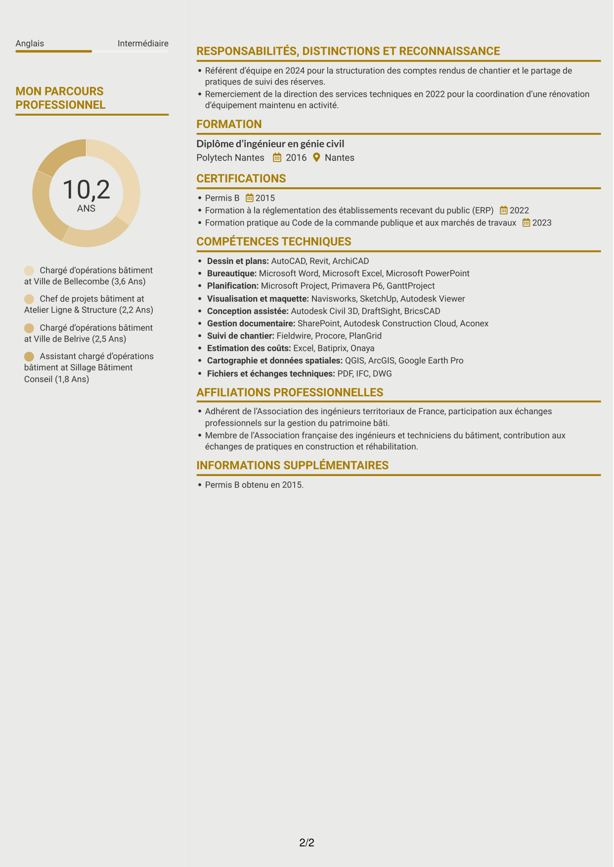 CV Dynamique (format à deux colonnes avec icônes) : Chargé d’opérations bâtiment - Construction et réhabilitation, page 2