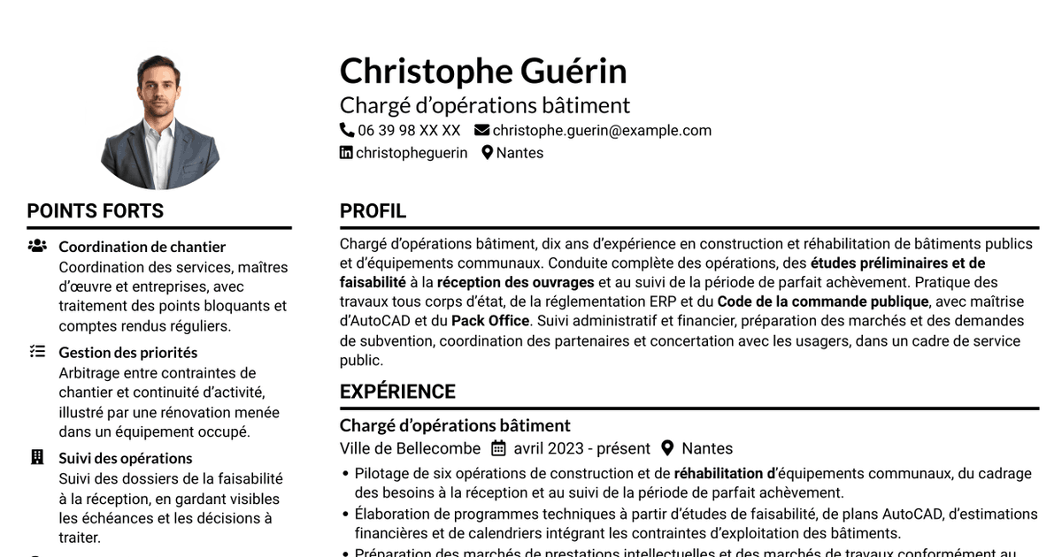 7 modèles de CV pour Chargé d’opérations bâtiment - Construction et réhabilitation, avec exemples