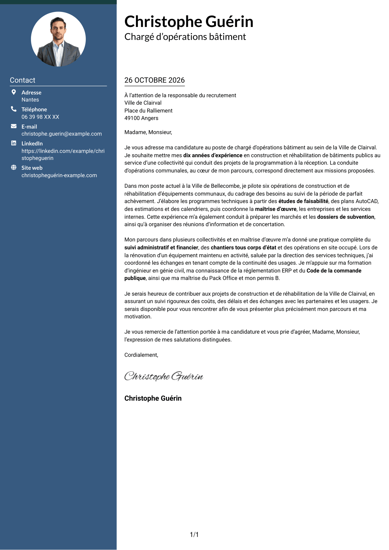 Lettre de motivation Élégant (format à colonne latérale colorée avec photo) : Chargé d’opérations bâtiment - Construction et réhabilitation, page 1