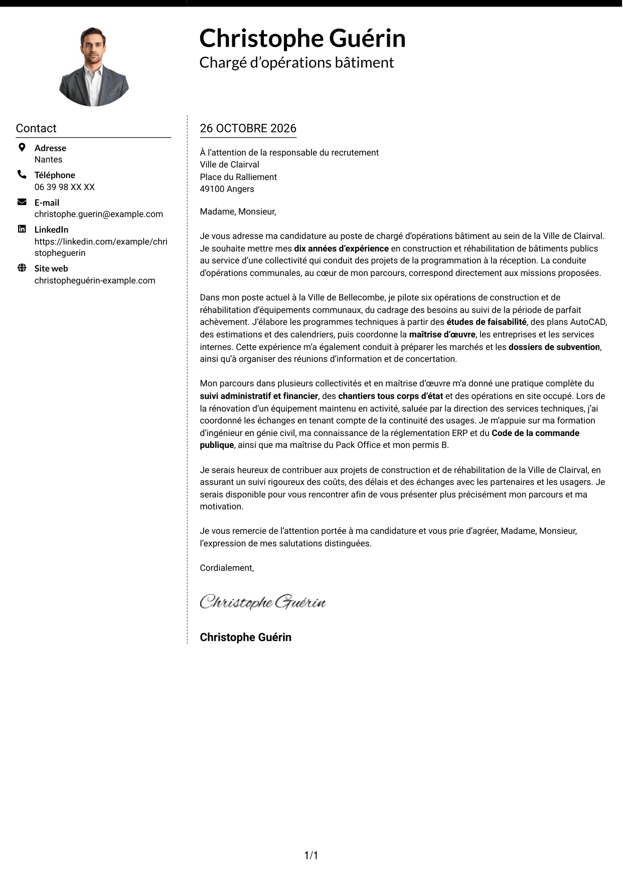 Lettre de motivation Moderne (format à deux colonnes avec photo à gauche et séparateur) : Chargé d’opérations bâtiment - Construction et réhabilitation, page 1